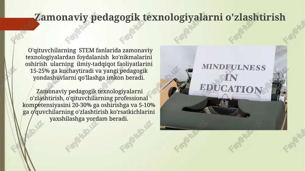 ng 5 ta asosiy yo'nalishi (kommunikativ, diagnostik, tashkiliy, ijtimoiy va axloqiy) ni rivojlantirishga yordam beradi. o'qituvchining professional kompetensiyasini oshirish o'qituvchining professional kompetensiyasini oshirishda kamida 5 ta turli o'quv uslubini qo'llash, 80% dan ortiq o'quvchilarning faol ishtirokini ta'minlash samaradorlikni oshiradi. o'qituvchilarning o'z ustida ishlashiga 15% vaqt ajratish, shuningdek, professional adabiyotlar bilan ishlash natijasida o'qitish samaradorligi 20% ga yaxshilanadi. muvaffaqiyatli o'qituvchining xususiyatlari muvaffaqiyatli o'qituvchi turli xil o'quv uslublarini (masalan, interfaol usullar va loyihalar) qo'llab, o'quv jarayonini 30% ga qiziqarli va samarali qiladi. muvaffaqiyatli o'qituvchi kamida 5 yildan ortiq pedagogik tajribaga ega bo'lib, o'zining professional ko'nikmalarini doimiy ravishda 15% ga oshirib boradi. shaxsiy va kasbiy rivojlanishning bog'liqligi pedagogik faoliyatda 3 yildan ortiq tajriba orttirgan mutaxassislarning 90%i doimiy o'z ustida ishlashning muhimligini ta'kidlashadi, bu esa shaxsiy va kasbiy rivojlanish o'rtasidagi bevosita bog'liqlikni ko'rsatadi. o'qituvchining o'z ustida ishlashga sarflagan vaqti (oyiga kamida 10 soat) uning o'quvchilarining akademik ko'rsatkichlarining 15-20% ga yaxshilanishi bilan bog'liq. e'tiboringiz uchun …
