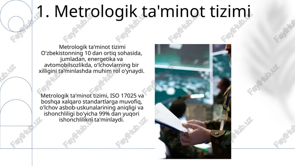 q asbob-uskunalarni kalibrlash va sertifikatlash bo'yicha standartlar joriy etilgan bo'lib, bu mamlakat iqtisodiyotining rivojlanishiga muhim hissa qo'shgan. 11.institutning vazifalari va faoliyati institutning faoliyati davlat standartlariga muvofiqligi va sifat nazorati bo‘yicha 200 dan ortiq korxona va tashkilotlarga texnik yordam ko‘rsatishni o‘z ichiga oladi, shu bilan birga ilmiy-tadqiqot ishlarini ham amalga oshiradi. o‘zbekiston metrologiya instituti davlat metrologik nazoratini amalga oshiradi, 100 dan ortiq o‘lchov vositalarini kalibrlash va sertifikatlash xizmatlarini taqdim etadi hamda milliy o‘lchov standartlarini saqlaydi. 12.innovatsion texnologiyalar boʻlim xalqaro miqyosdagi 5 ta muhim metrologiya tashkiloti bilan hamkorlik qilib, 15 dan ortiq innovatsion loyihalarni amalga oshirdi. “innovatsion texnologiyalar” boʻlimi davlat metrologik nazorati uchun 20 dan ortiq yangi oʻlchov uskunalarini ishlab chiqdi va joriy etdi, bu aniqlikni 10% ga oshirdi. 13.kelajakdagi rejalar institut xalqaro hamkorlikni kengaytirishni rejalashtirmoqda, xususan, iso/iec 17025 standarti bo'yicha malaka oshirish kurslarida 100 dan ortiq mutaxassisni o'qitishni maqsad qilgan. kelajakdagi rejalarga muvofiq, 2025 yilga qadar akkreditatsiyadan o'tgan laboratoriyalar soni 2 …