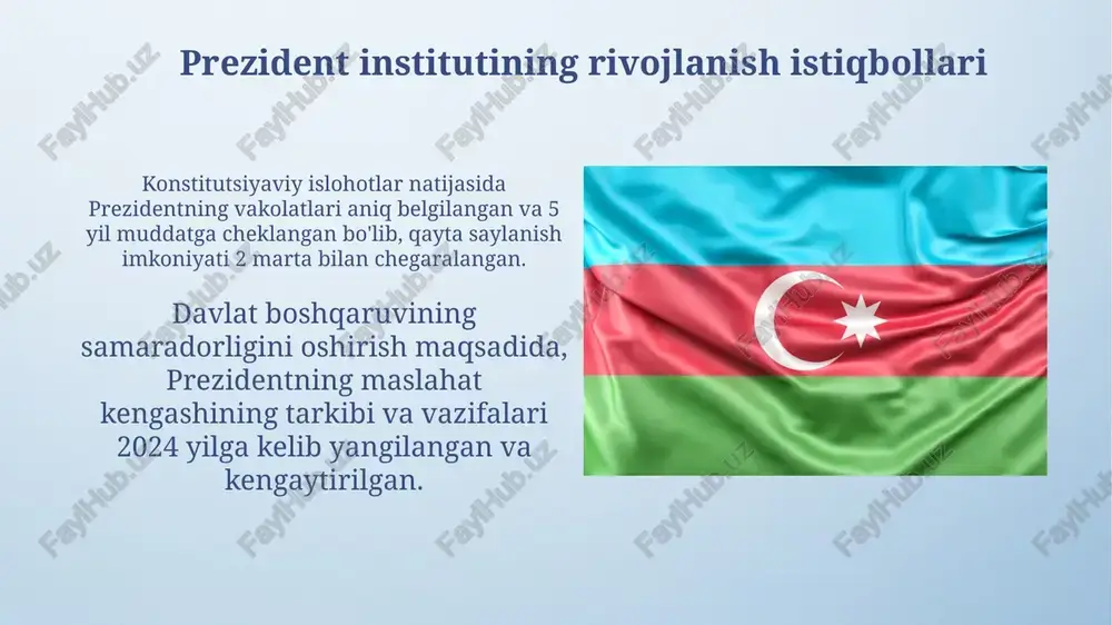 ammo sud tizimining mustaqilligini taʼminlash boʻyicha ishlar hali davom etmoqda. konstitutsiyaviy islohotlar prezidentning vakolat muddatini 5 yildan 7 yilga uzaytirdi, bu davlat boshligʻining siyosiy barqarorlikni taʼminlashdagi rolini kuchaytirdi. oʻzbekiston respublikasi prezidentining konstitutsiyaviy maqomi konstitutsiyaga koʻra, prezidentning vakolatlari keng qamrovli boʻlib, u 12 bobda 100 dan ortiq moddalar bilan belgilangan. prezident, konstitutsiyaga muvofiq, qonunlarni imzolaydi, qonun chiqaruvchi organ – oliy majlis bilan hamkorlik qiladi va hukumat faoliyatini nazorat qiladi. prezidentning vakolatlari uning vakolatlariga 100 dan ortiq moddalar bo‘yicha qonunlarni qabul qilish, bekor qilish, respublika mudofaasini ta’minlash va tashqi siyosatni amalga oshirish kabi muhim vazifalar kiradi. prezident, konstitutsiyada belgilangan tartibda, xususiy mulkni himoya qilish, huquqiy davlat va fuqarolik jamiyatini qurish, milliy xavfsizlikni ta’minlash bo‘yicha keng vakolatlarga ega. masʼuliyati va javobgarligi uning faoliyati o‘zbekiston respublikasi oliy majlisiga va xalqqa hisobot berish orqali, ya’ni yillik murojaatlari va boshqa hisobotlar orqali 2-bobda belgilangan javobgarlik mexanizmlari orqali amalga oshiriladi. prezidentning konstitutsiyaga muvofiq 10 yildan oshmasligi kerak …