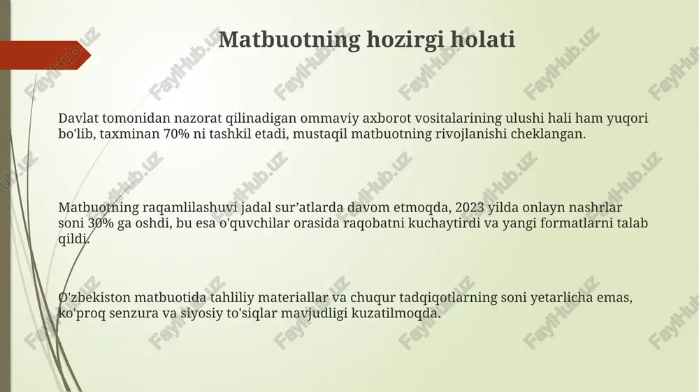 ezilarli darajada oshishi kutilmoqda. “kelajakdagi istiqbollar” dasturi doirasida 2025-yilgacha 500 dan ortiq yangi media loyihalarining ishga tushirilishi rejalashtirilgan, bu esa raqamli iqtisodning rivojlanishiga sezilarli hissa qo'shadi. o'zbekistonning media bozorida 2023 yilda 30% ga yaqin o'sish kuzatildi, "kelajakdagi istiqbollar" strategiyasi esa kelgusi 5 yilda bu ko'rsatkichni 2 baravar oshirishni maqsad qilgan. davlat siyosati va ommaviy axborot vositalari oʻzbekiston respublikasida 2020-yildan beri ommaviy axborot vositalarining raqamlilashtirish darajasi 70% dan oshdi, bu davlat siyosatining axborot texnologiyalariga yoʻnaltirilganligini koʻrsatadi. 2023-yil holatiga koʻra, oʻzbekiston ommaviy axborot vositalarining 30% dan ortigʻi xususiy sektorga tegishli boʻlib, bu sohadagi raqobatni va plyuralizmni oshirdi. davlat tomonidan ommaviy axborot vositalarini qoʻllab-quvvatlash dasturlari orqali 500 dan ortiq loyiha moliyalashtirildi, bu matbuot erkinligini rivojlantirishga qaratilgan strategiyani aks ettiradi. internet va ijtimoiy tarmoqlar telegram, facebook va instagram kabi ijtimoiy tarmoq platformalari oʻzbekiston aholisi orasida keng tarqalgan boʻlib, ular orqali yangiliklar tarqalishi va jamoatchilik fikrini shakllantirishda muhim rol oʻynaydi. oʻzbekistonda internet foydalanuvchilar soni 2023 …