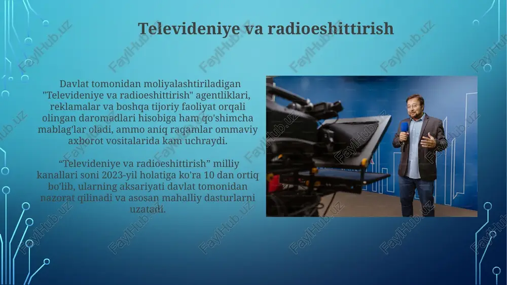 rning erkinligi va faoliyatini cheklashda muhim rol o'ynaydi, bu esa o'z navbatida matbuot erkinligi indeksiga ta'sir qiladi. mustaqil oavlarning internetdagi faoliyati ancha yuqori, ijtimoiy tarmoqlar orqali auditoriyani kengaytirishga harakat qilishadi, ammo raqamli savodxonlik darajasi ta'sir ko'rsatmoqda. censura va oʻz-oʻzini senzura davlat tomonidan qoʻllaniladigan toʻgʻridan-toʻgʻri senzuradan tashqari, taxminan 30 ga yaqin ommaviy axborot vositasi oʻz-oʻzini senzuralash orqali ma'lumotlarni tarqatishda cheklovlar qoʻllaydi. oʻz-oʻzini senzuralash natijasida jamoatchilik muhim ma'lumotlarga, xususan, siyosiy va ijtimoiy masalalarga oid axborotlarga kirish imkoniyatidan mahrum boʻladi, bu esa jamiyatning rivojlanishiga salbiy ta'sir qiladi. davlat nazorati va siyosati davlat tomonidan ommaviy axborot vositalariga litsenziyalash va akkreditatsiya jarayonlari orqali qatʼiy nazorat oʻrnatilgan, bu esa 2023 yil holatiga koʻra, bir qancha mustaqil nashrlarning faoliyatiga cheklov qoʻygan. oʻzbekiston respublikasida ommaviy axborot vositalarining faoliyatini tartibga soluvchi 50 dan ortiq qonun hujjatlari mavjud boʻlib, ularning aksariyati davlat nazoratini kuchaytirishga qaratilgan. e'tiboringiz uchun rahmat @taqdimot_robot image3.jpg image4.jpg image5.jpg image6.jpg image7.jpg image8.jpg image9.jpg image10.jpg image11.jpg image12.jpg image13.jpg …