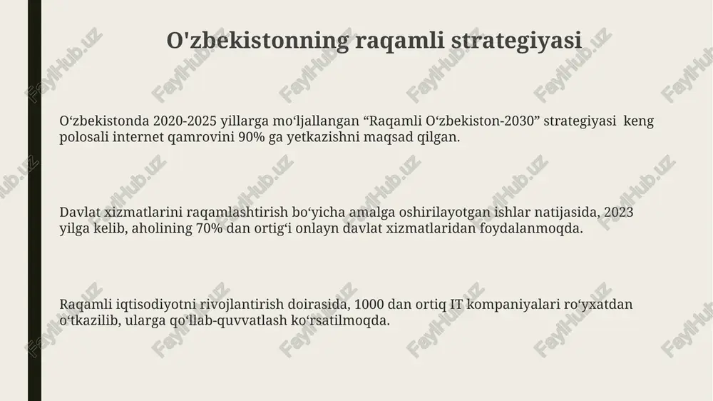 lsa-da, siyosiy sensura va ma'lumotlarga nazorat raqamli tengsizlikning yangi shakllarini keltirib chiqarishi mumkin, bu ijtimoiy noroziliklarni bostirishga xizmat qiladi. estoniyada yuqori darajadagi raqamli savodxonlik mavjud bo'lsa-da, keksa avlodning raqamli texnologiyalarga kirishi cheklangan, bu ijtimoiy integratsiya va sog'liqni saqlash xizmatlariga kirishda muammolarni keltirib chiqaradi. xususiy sektorning ishtiroki estoniyaning muvaffaqiyatli e-davlat modeli, xususiy sektorning 80% dan ortiq ishtiroki bilan, kichik va o'rta biznes uchun qulay shart-sharoitlar yaratish orqali amalga oshirildi. o'zbekistonda xususiy sektorning raqamli iqtisodiyotga qo'shgan hissasi 2022 yilda yalpi ichki mahsulotning 15% dan oshdi, bu esa davlatning raqamli strategiyasiga katta ta'sir ko'rsatdi. xitoyda 1000 dan ortiq yirik texnologiya kompaniyalari davlatning raqamli infratuzilmasini rivojlantirishga faol qo'shilib, milliy iqtisodiyotning 30% dan ortig'ini tashkil etadi. raqamli ta'lim va sog'liqni saqlash o'zbekistonning "raqamli ta'lim" milliy loyihasi doirasida 2022 yilda 10 000 dan ortiq maktabda yuqori tezlikdagi internetga ulanish ta'minlandi, bu esa onlayn ta'lim imkoniyatlarini kengaytirdi. raqamli ta'lim va sog'liqni saqlash sohalarida o'zbekiston 2025 yilga qadar …