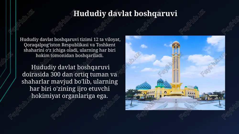 jud boʻlib, ular qishloq okruglari bilan birgalikda uzbekistanning mamuriy-hududiy tuzilmasining muhim tarkibiy qismini tashkil etadi. prezident va oliy majlis prezident oliy majlisga murojaat qilishi, qonun loyihalarini kiritish huquqiga ega va konstitutsiyaga muvofiq veto huquqidan foydalanishi mumkin. oliy majlis ikki palatali parlament bo‘lib, qonunchilik palatasi 150 deputatdan, senat esa 100 senator va viloyatlar, toshkent shahri va qoraqalpog‘iston respublikasining vakillaridan iborat. toshkent shahri – alohida maʼmuriy birlik toshkent shahri, respublikaning boshqa hududlariga nisbatan alohida byudjetga va kengroq vakolatlarga ega boʻlgan mustaqil maʼmuriy birlik sifatida faoliyat yuritadi. toshkent shahri, 11 ta tuman va 1 ta shaharchadan iborat boʻlib, aholi zichligi yuqori boʻlgan yirik maʼmuriy-hududiy birlik hisoblanadi. oʻzbekiston respublikasining konstitutsiyaviy asoslari konstitutsiyada 14 boʻlim mavjud boʻlib, inson huquqlari va erkinliklari, davlat organlarining vakolatlari, milliy ramzlar va davlat madhiyasi kabi muhim jihatlarni qamrab oladi. oʻzbekiston respublikasining konstitutsiyasi suverenitet, mustaqillik va huquqiy davlat tamoyillariga asoslanadi, 128 moddadan iborat boʻlib, davlat tuzumini aniq belgilab beradi. maʼmuriy-hududiy boʻlinish …