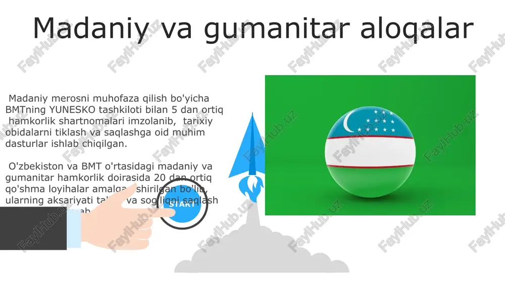 ish kutilmoqda. bmtning texnologiya transferi dasturlari orqali oʻzbekistonga 10 million dollardan ortiq investitsiyalar jalb qilindi, bu esa yangi ish oʻrinlarini yaratish va mahalliy ishlab chiqarishni rivojlantirishga xizmat qildi. huquqiy islohotlar va sud islohotlari o‘zbekiston respublikasining sud tizimini isloh qilish bo‘yicha amalga oshirilayotgan ishlar doirasida 2023 yilda 150 dan ortiq yangi sud binolari qurildi va ta’mirlandi, bu esa sud jarayonlarining samaradorligini oshirishga xizmat qildi. huquqiy islohotlar natijasida fuqarolarning huquqiy madaniyatini oshirish maqsadida 2022-2024 yillar mobaynida 500 mingdan ortiq kishi huquqiy bilimlarni oshirish kurslarida qatnashdi. 06 05 04 gender tengligi va ayollar huquqlari 01 02 o‘zbekiston respublikasi va bmtning gender tengligi bo‘yicha hamkorligi doirasida 2021-2025 yillarga mo‘ljallangan milliy strategiya qabul qilingan bo‘lib, unda ayollar huquqlarini himoya qilish va ularning ijtimoiy-iqtisodiy hayotda faol ishtirokini ta’minlashga qaratilgan 50 dan ortiq chora-tadbirlar belgilangan. o‘zbekistonning "gender tengligi va ayollar huquqlari to‘g‘risida"gi qonunchiligiga muvofiq, davlat organlarida ayollar uchun kamida 30% kvotalar belgilangan bo‘lib, bu ko‘rsatkichni oshirish bo‘yicha …