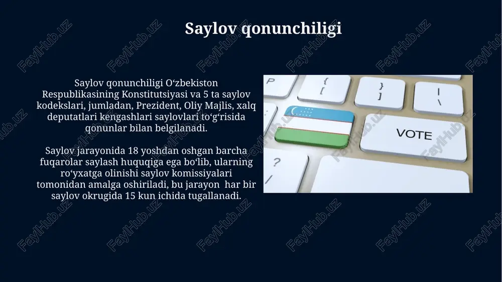 ega. partiyalar saylovlarda ovozlarning kamida 5 foizini qo‘lga kiritgan taqdirda parlamentga vakil yuborish huquqiga ega bo'ladilar. saylovda kuzatuvchilar saylov kodeksi kuzatuvchilarning saylov uchastkalariga kirishiga, ovoz berish jarayonini kuzatish va natijalarni hisoblashga guvoh bo'lishiga kafolat beradi, ammo ularning ovoz berish jarayoniga aralashishiga yo'l qo'yilmaydi. saylovda kuzatuvchilarning soni 2022 yildagi prezident saylovlarida 1500 dan ortiq milliy va xalqaro tashkilot vakillarini o'z ichiga olgan. oʻzbekistonning saylov tizimi prezident saylovlari 5 yilga bir marta oʻtkazilib, saylovlarda gʻolib boʻlish uchun nomzodlar umumiy ovozlarning 50% + 1 tasini qoʻlga kiritish sharti qoʻyiladi. oʻzbekistonning saylov tizimi 150 dan ortiq saylov okruglari boʻyicha deputatlarni proporsional va koʻpchilik ovoz berish tizimi orqali saylaydi, bu esa turli siyosiy kuchlarning vakilligini taʼminlashga qaratilgan. saylov natijalari markaziy saylov komissiyasi tomonidan e'lon qilingan saylov natijalariga ko'ra, saylovda ro'yxatdan o'tgan saylovchilarning 85% dan ortig'i ovoz bergan, bu raqam oldingi saylovlarga nisbatan biroz yuqori. saylov natijalarining shaffofligi va ishonchliligi masalasi o'zbekistonda doimiy muhokama qilinadi, chunki …
