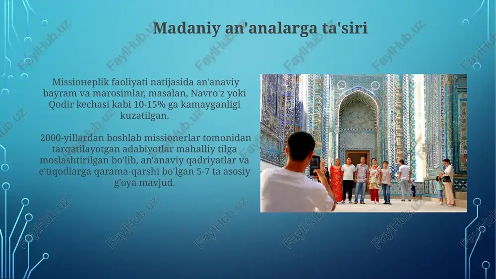 an yuqori darajada ehtiyotkorligini ko'rsatadi. ekstremistik g'oyalarning tarqalishi xavfi dinni noto'g'ri talqin qilish va zo'ravonlikka chaqiruvchi 15 dan ortiq ekstremistik saytlar bloklangan, biroq ularning o'rnini yangi platformalar egallamoqda. ekstremistik g'oyalarni tarqatishda 200 dan ortiq onlayn-platformalar va ijtimoiy tarmoq guruhlari aniqlangan bo'lib, ular yoshlar orasida radikal fikrlarning tarqalishiga hissa qo'shmoqda. ta'lim tizimiga ta'siri o'quv dasturlariga missionerlar tomonidan yashirincha kiritilgan 5 dan ortiq diniy tushunchalar o'quvchilarning dunyoqarashiga ta'sir ko'rsatgan va sekulyar bilim olishga to'sqinlik qilgan. missionerlarning ta'lim tizimiga aralashuvi natijasida milliy va umuminsoniy qadriyatlarni targ'ib qilishga bag'ishlangan dasturlar soni 30% ga kamaygan. iqtisodiy oqibatlar missionerlik faoliyati natijasida uzbekistonda 20-30% ga yaqin mahalliy hunarmandchilik mahsulotlari bozoridan siqib chiqarilgan, bu esa milliy iqtisodiyotga sezilarli zarar yetkazgan. xorijiy mablag'larning missionerlik tashkilotlari orqali kirib kelishi milliy valyuta kursiga salbiy ta'sir ko'rsatib, inflyatsiyani 5-7% ga oshirishi mumkin. millatlararo munosabatlarga ta'siri missionerlik faoliyati natijasida 10 ga yaqin etnik guruh o'rtasida ishonchsizlik kuchayib, ijtimoiy bo'linish holatlari 20% ga oshganligi …