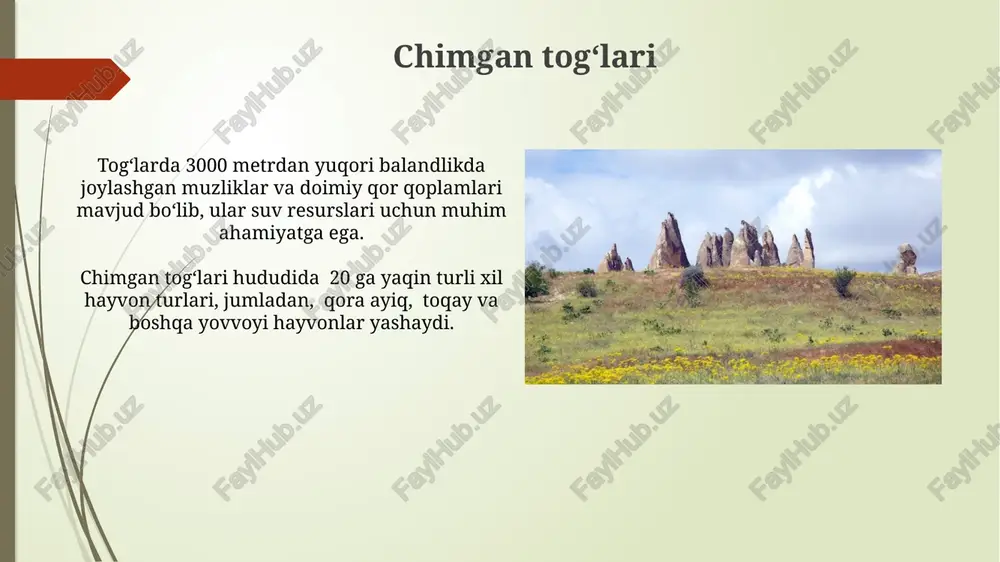 simliklari bilan qoplanadi, bu hududda 100 dan ortiq endemik oʻsimlik turlari uchraydi. zarafshon daryosi vodiysi zarafshon daryosi vodiysining 400 km dan ortiq qismi o'ziga xos biologik xilma-xillikka ega bo'lib, 100 dan ortiq qushlar turi va 30 ga yaqin sut emizuvchilar turi yashaydi. vodiydagi keng tarqalgan o'simlik turlaridan biri – tuproq eroziyasiga chidamli bo'lgan saksaul bo'lib, uning taxminan 20 turkumi mavjud. amu-daryo delatasi amudaryo delatasi qadimdan turli xil qushlar, jumladan, 300 dan ortiq qush turlari uchun muhim koʻchish yoʻnalishi va qishloq joyi boʻlib xizmat qiladi. daryoning delatasi hududi 40 ming kvadrat kilometrdan ortiq maydonni egallaydi va mintaqaning biologik xilma-xilligini saqlashda muhim ahamiyatga ega boʻlgan muhim ekotizim hisoblanadi. ustyurt platosi ustyurt platosi 200 metrdan ortiq balandlikka ega boʻlib, uning yuzasi 200 ming kvadrat kilometrdan ziyod maydonni egallaydi, bu esa uni juda katta tabiiy yodgorlik qiladi. plato yuzasida paleontologik ahamiyatga ega boʻlgan, millionlab yillar avval yashagan turli xil hayvonlarning qazilma qoldiqlarini oʻzida saqlagan, …