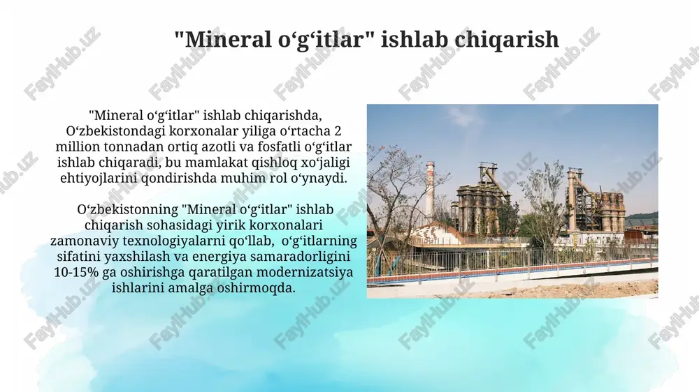 n pestisidlar va gerbitsidlar bozorida 2022-yilda 1500 tonnadan ortiq mahsulot ishlab chiqarilgan, bu esa ichki ehtiyojni qondirish va eksport qilish imkoniyatlarini oshirdi." "kimyoviy oʻgʻitlar ishlab chiqaruvchi yirik korxonalar pestisid va gerbitsidlarni ishlab chiqarish hajmini 2025-yilga kelib 2500 tonnagacha oshirishni rejalashtirmoqda, bu esa oʻsish sur'atlarini ko'rsatadi." kelajakdagi istiqbollar va rivojlanish rejalar kelajakda, kimyo sanoati korxonalarining 5 yillik rivojlanish strategiyasi doirasida 100 million dollarlik investitsiyalarni jalb qilish va ishlab chiqarish hajmini 20% ga oshirish rejalashtirilgan. maxsus kimyoviy mahsulotlar ishlab chiqarishni kengaytirish bo'yicha loyihalar amalga oshiriladi, bu esa eksport hajmini 3 barobarga oshirish va yangi bozorlarga kirish imkonini beradi. oziq-ovqat sanoati uchun kimyoviy mahsulotlar "oziq-ovqat sanoati uchun kimyoviy mahsulotlar" segmentida 10 dan ortiq yirik korxona faoliyat yuritadi, ularning umumiy ishlab chiqarish hajmi yillik 200 million aqsh dollaridan oshadi. mahsulotlarning 30% dan ortig'i eksportga yo'naltirilib, evropa va markaziy osiyo bozorlarida raqobatbardoshlikka ega. plastik va polimerlarni ishlab chiqarish "maxsus polimerlar ishlab chiqarish hajmi yiliga 100 …