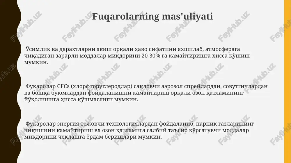 texnologiyalari, xususan, stratosferik ozonni yo'q qiluvchi moddalar (soym) miqdorini aniqlash va monitoring qilishda muhim rol o'ynaydi, bu esa ozon qatlami holatini baholashga va himoya choralari samaradorligini kuzatishga imkon beradi. 1987 yilda imzolangan monreal protokolining amalga oshirilishi, soymlar ishlab chiqarishini kamaytirish bo'yicha xalqaro hamkorlik va nazorat mexanizmlarini yaratishda fan va texnologiyaning yordami bilan ozon qatlami tiklanish jarayonini tezlashtirdi. yerdagi ozon konsentratsiyasini aniqlash uchun ishlatiladigan spektrofotometrlar va boshqa sensorlar kabi fan texnologiyalari ozon qatlami yupqalanishining sabablarini aniqlash va kelajakdagi o'zgarishlarni bashorat qilish imkonini beradi. atrof-muhitni muhofaza qilish ozon qatlami yer yuzasidagi tirik mavjudotlarni quyoshning zararli ultrabinafsha nurlanishidan 95-99% ga himoya qiladi, bu esa terining saratoni va boshqa salbiy ta'sirlarning oldini oladi. ozon qatlami tiklanishining taxminiy vaqti 2060 yil atrofida bo'lib, bu muhitni muhofaza qilishdagi global hamkorlikning muvaffaqiyatli natijasidir, ammo davomli monitoring va sa'y-harakatlar talab etiladi. 1987 yilda monreal protokolining imzolanishi ozon qatlamiga zarar yetkazuvchi moddalar, xususan, xlorofluorokarbonlar (cfc) ishlab chiqarishini kamaytirishga qaratilgan …
