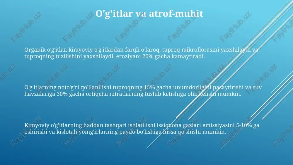 'itlarni tanlashda, o'simlikning rivojlanish bosqichi, qo'llanilish usuli (masalan, sug'orish yoki sepish) va iqlim sharoiti kabi omillarni inobatga olish zarur. tuproq tahlili orqali o'simliklarning ozuqa moddalariga bo'lgan ehtiyojini aniqlash va shunga mos ravishda o'g'it tanlash samaradorlikni oshiradi va ortiqcha o'g'itlashdan qochadi. o'g'it tanlashda o'simlik turiga mos keladigan npk nisbatini (masalan, 10-10-10 yoki 20-20-0) hisobga olish muhim, chunki har xil o'simliklar turli xil ozuqa elementlariga ehtiyoj sezadi. o'simliklar uchun o'g'itlarning foydalari azot, fosfor va kaliy kabi makroelementlarning optimal miqdori o'simliklarning immunitetini mustahkamlaydi, kasalliklarga chidamliligini 15-20% ga oshiradi. mikroelementlar (temir, marganes, sink) qo'shilishi fotosintez jarayonini yaxshilaydi, natijada o'simliklarning fotosintez samaradorligi 10% ga ortadi. o'g'itlar tuproqdagi 15 dan ortiq muhim ozuqa elementlarining yetishmasligini qoplaydi, bu esa o'simliklarning o'sishini 20-30% ga tezlashtiradi va hosildorligini oshiradi. mineral o'g'itlar kaliy miqdori yuqori bo'lgan mineral o'g'itlar (40% dan ortiq) o'simliklarning sovuqqa chidamliligini oshiradi va hosildorlikni 15-20% ga yaxshilaydi. mikroelementlar (temir, marganets, sink) qo'shilgan murakkab mineral o'g'itlar o'simliklarning fotosintez …