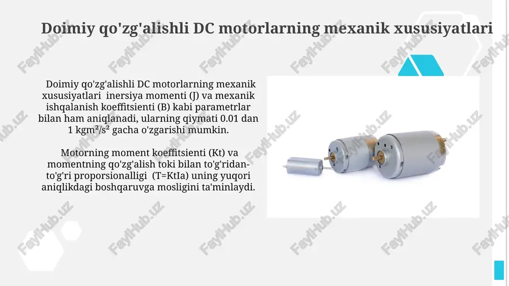 rga zarar yetkazmasligi uchun maxsus himoya vositalari, masalan, yumshoq ishga tushirish qurilmalari qo'llanilishi shart. motorning o'z-o'zidan aylanishini oldini olish va mexanik shikastlanishdan himoya qilish uchun, avtomatik tormoz tizimlari yoki mexanik qulflash moslamalari o'rnatilishi tavsiya etiladi. e'tiboringiz uchun rahmat @taqdimot_robot image1.jpg image2.jpg image3.jpg image4.jpg image5.jpg image6.jpg image7.jpg image8.jpg image9.jpg