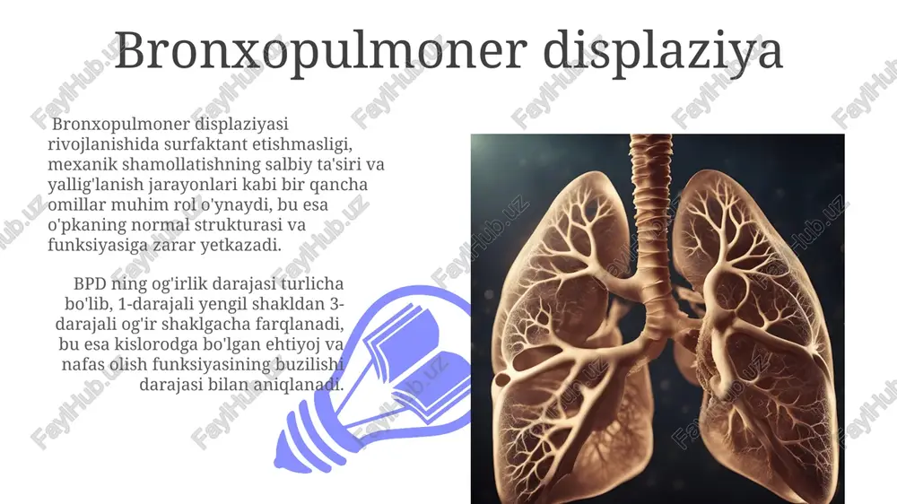 iyinlishuviga olib keladi. o'pka gipoplaziyasi tug'ma nuqson bo'lib, o'pkaning normal rivojlanmasligi bilan tavsiflanadi va chaqaloqlarda 1000 ta tug'ilishga 1-3 ta holatga to'g'ri keladi. o'pka displaziyasi o'pka displaziyasining og'irlik darajasi har xil bo'lib, i, ii va iii darajalarga bo'linadi. iii darajali displaziya nafas olishni qo'llab-quvvatlashning uzoq muddatli davolashni talab qiladi. o'pka displaziyasi, prematur tug'ilgan chaqaloqlarda, ayniqsa 28 haftadan oldin tug'ilganlarda, o'pkaning anormal rivojlanishi bilan bog'liq bo'lib, taxminan 10-20% hollarda uchraydi. o'pkaning embrional rivojlanishi 01 02 gestatsion davrning 24-haftasida o'pka to'liq shakllanmagan bo'lib, sirt faol moddasi (surfaktant) yetishmasligi nafas olish sindromiga olib kelishi mumkin. sales 1st qtr 2nd qtr 100 0 sales 1st qtr 2nd qtr 100 0 e'tiboringiz uchun rahmat @taqdimot_robot image4.jpg image5.jpg image6.jpg image7.jpg image8.jpg image9.jpg image10.jpg image11.jpg image12.jpg image13.jpg image14.jpg image15.jpg image1.jpeg image2.jpeg image3.jpeg