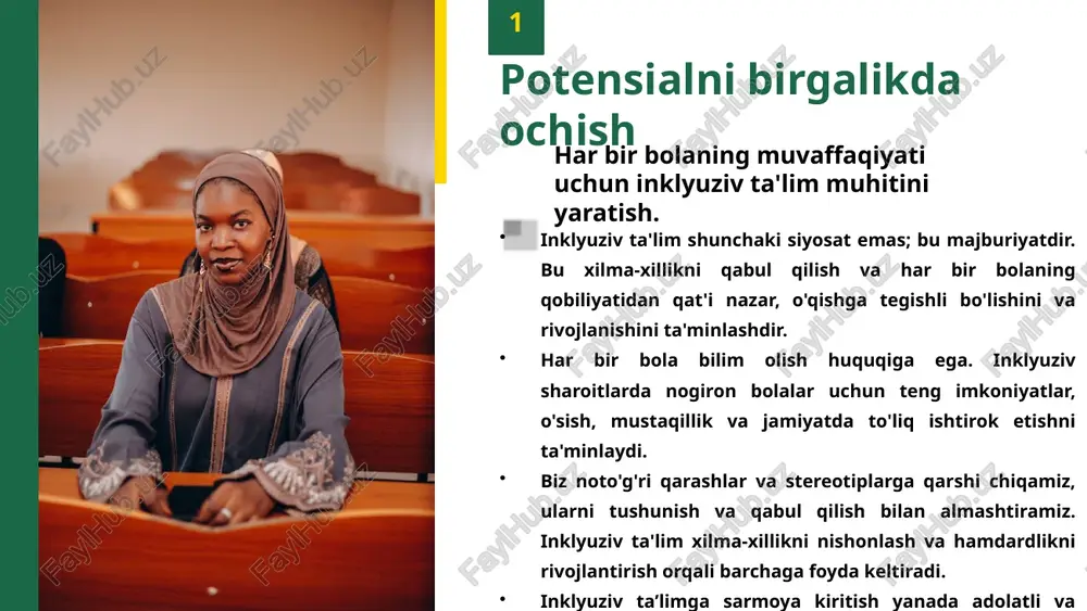 if qilish. talabalarga o'zlarining shaxsiy ta'lim afzalliklariga mos keladigan tarzda o'z bilimlarini namoyish qilishlariga imkon berish. 6 5 o'quv dasturlarini moslashtirish turli xil ehtiyojlarni qondirish uchun o'quv dasturini o'zgartirish. o'qituvchilar o'quv dasturini barcha talabalarning shaxsiy ehtiyojlarini qondirish uchun moslashtiradilar. tegishli yordam va qiyinchiliklarni ta'minlash uchun tabaqalashtirilgan o'qitish usullaridan foydalanish. o'quv materiallarini imkoniyati cheklangan o'quvchilar uchun qulay qilish uchun moslashtirish. matnni soddalashtiring, ko‘rgazmali qo‘llanmalardan foydalaning va audiokitoblar kabi muqobil formatlarni taqdim eting. og'zaki taqdimotlar, portfellar va loyihalar kabi muqobil baholash usullarini taklif qilish. talabalarga o'z bilimlarini o'zlarining kuchli va qobiliyatlariga mos keladigan usullarda namoyish qilishlariga imkon berish. o'qituvchilar maxsus o'qituvchilar va terapevtlar bilan birgalikda ishlaydi. o'quv dasturini o'zgartirish va har bir talabaning o'ziga xos ehtiyojlarini qondiradigan individual o'quv rejalarini ishlab chiqish. 7 6 ota-onalar ishtiroki: kalit ota-onalarni inklyuziv ta'limga sherik sifatida jalb qilish. ota-onalar va maktablar o'rtasida ochiq va tez-tez aloqa kanallarini o'rnatish. talabalarning yutuqlari, qiyinchiliklari va muvaffaqiyatlari haqida ma'lumot almashish. …