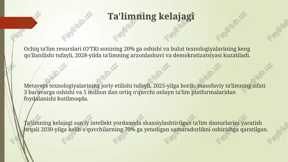 yoniga qo'llanilishi o'quvchilarning bilim olish imkoniyatlarini 25% ga kengaytirib, interaktiv o'rganishni ta'minlaydi. ta'limning maqsadi va vazifalari ta'lim vazifalaridan biri – o‘quvchilarga 12 yillik majburiy ta'lim davomida kamida 5 ta asosiy bilim sohasini chuqur o‘zlashtirishga yordam berish, ularning mustaqil fikrlash qobiliyatlarini rivojlantirishdan iborat. ta'limning asosiy maqsadi – shaxsning 3 ta asosiy sohasini – intellektual, ijtimoiy va axloqiy jihatdan rivojlantirish orqali, jamiyat ehtiyojlarini qondirishga qodir bo‘lgan kompotentli shaxsni shakllantirishdir. ta'lim jarayonida o‘qituvchilar zamonaviy pedagogik texnologiyalar va kamida 3 ta turli baholash usullaridan foydalanib, o‘quvchilarning bilim, ko‘nikma va malakalarini sinovdan o‘tkazishlari lozim. ta'limning iqtisodiy jihatlari malakali mutaxassislar yetishmasligi iqtisodiyotga yiliga o'rtacha 5-7% zarar keltiradi, ta'limga qo'yilgan investitsiyalar esa ushbu zararni qoplashga yordam beradi. ta'limning iqtisodiy samaradorligi 10% dan ortiq ishsizlik darajasini 2-3% ga kamaytirishi mumkin, bu esa milliy daromadning o'sishini ta'minlaydi. ta'lim sohasiga sarflanadigan har bir 1 so'm, kelajakda 2-3 so'm miqdorida iqtisodiy foyda keltirishi isbotlangan. ta'lim jarayonining mohiyati samarali ta'lim jarayoni o'qituvchi …