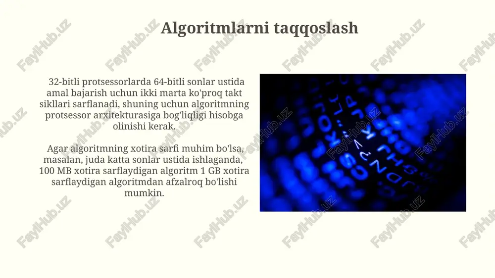 blash imkoniyatlaridan foydalanishni o'rganish maqsadga muvofiqdir. algoritmlarni amalga oshirish misollari 987 - 123 ayirish algoritmi shunday amalga oshiriladi: birlar ustunidan boshlab, yuqori raqamdan pastki raqamni ayiramiz. agar yuqori raqam pastki raqamdan kichik bo'lsa, o'nlikdan qarz olamiz. natija 864. 1234 + 5678 ning qo'shilish algoritmi raqamlarni ustunma-ustun yozib, o'ngdan chapga qarab har bir ustundagi raqamlar yig'indisining birlar xonasini yozib, o'nliklar xonasini keyingi ustunga o'tkazishdan iborat. natija 6912 bo'ladi. ko'paytirish algoritmi ko'paytirish algoritmi, ikki sonni ko'paytirishda, birinchi sonning har bir raqamini ikkinchi sonning har bir raqami bilan ko'paytirish va natijalarni o'nlik tizimdagi o'rinlarga mos ravishda qo'shish orqali amalga oshiriladi. bu jarayon 10 ga bo'linadigan qoldiqlarni hisobga olishni talab qiladi. ko'paytirish algoritmining murakkabligi, ko'paytirilayotgan sonlarning raqamlar soniga bog'liq bo'lib, o(nm) murakkablikka ega, bu yerda n va m mos ravishda ikki sonning raqamlar sonini bildiradi. algoritmning samaradorligi sonlarning uzunligiga bog'liq. qo'shish algoritmi agar qo'shilyotgan sonlarning bitta ustunida yig'indi 9 dan katta bo'lsa, ya'ni 10 …