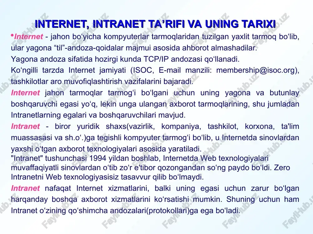 omonidan internetga qiziqish yo‘q edi, chunki unga ulanish va unda ishlash texnologiyasi oddiy foydalanuvchilar uchun qulay emas edi. internetdan yalpi foydalanishda birinchi qadam web texnologiyasining yuzaga kelishi bo‘ldi. web texnologiyasining yaratilishi shaxsiy kompyuter (shk)lar yaratilishiga o‘xshash revolyutsion hodisa deb qaralmoqda. bu texnologiyaning ajoyib tomoni shundaki, ishni kichik sarf-xarajatlardan boshlash mumkin. bunda varaqlovchi dastur (brouzer, navigator) va web - server bo‘lsa kifoya. web -serverni esa tashkilotda bor bo‘lgan kompyuterda qilsa bo‘ladi, va harbir yangi rivojlantirish natijasida salmoqli natijalarga erishish mumkin. shk yaratilguncha ham hisoblash resurslariga bo‘lgan yondoshuv 1-10 mln kishi bo‘lgan bo‘lsa, shk yaratilgandan so‘ng foydalanuvchilar soni 10-50 marta ortgan edi. hozirgi kunda jahon bo‘yicha 100-200 mln. shk ishlab turibdi, lekin 100 mln. yer yuzi aholisidan bor yo‘g‘i 2% tini tashkil etadi. web texnologiya yaratilishi bilan aholini yangidan yangi qatlamlari kompyuterdan foydalanishni boshladi. bulardan 2 alohida qatlamlarni ajratib ko‘rsatilsa, bular: 1) jamiyat elitar guruhi- tashkilot rahbarlari, bank prezidentlari, menejerlar, davlat ma’sul …
