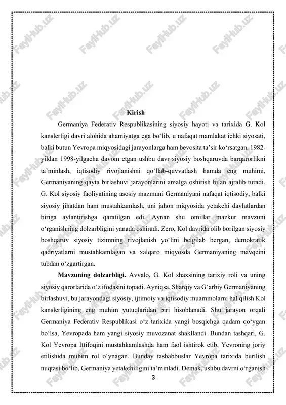 ing davlat rahbari sifatida qabul qilgan strategik qarorlarini tahlil qilish. · g. kol hukumat boshqaruvida qo‘llagan uslublarni va ularning samaradorligini ko‘rsatish. · siyosiy partiyalar bilan o‘zaro hamkorlikdagi faoliyatini va siyosiy muvozanatni ta’minlash mexanizmlarini o‘rganish. · germaniyada amalga oshirilgan iqtisodiy modernizatsiya jarayonlarini tahlil qilish. · ijtimoiy siyosatdagi o‘zgarishlar va ularning jamiyat taraqqiyotiga ta’sirini yoritish. · demokratik institutlarning rivojlanishiga g. kol davridagi siyosiy boshqaruvning ta’sirini o‘rganish. · tashqi siyosatda germaniyaning global mavqeini mustahkamlash yo‘lidagi chora-tadbirlarni tahlil qilish. · g. kol davridagi siyosiy boshqaruv natijalarini baholab, uning ijobiy va salbiy tomonlarini aniqlash. · mazkur davr tajribasidan hozirgi siyosiy boshqaruv tizimi uchun olinadigan ilmiy-amaliy xulosalarni ishlab chiqish. i-bob asosiy qism 1. germaniya siyosiy tizimi . g. kol kanslerligiga qadar germaniya siyosiy boshqaruv tizimi va uning shakllanish omillari germaniya siyosiy tizimi - bu federal parlamentar respublika boʻlib, unda davlatni bosh vazir (kansler) boshqaradi, davlat rahbari esa prezidentdir. hukumatni kansler boshqaradi, u esa parlamentning quyi palatasi …