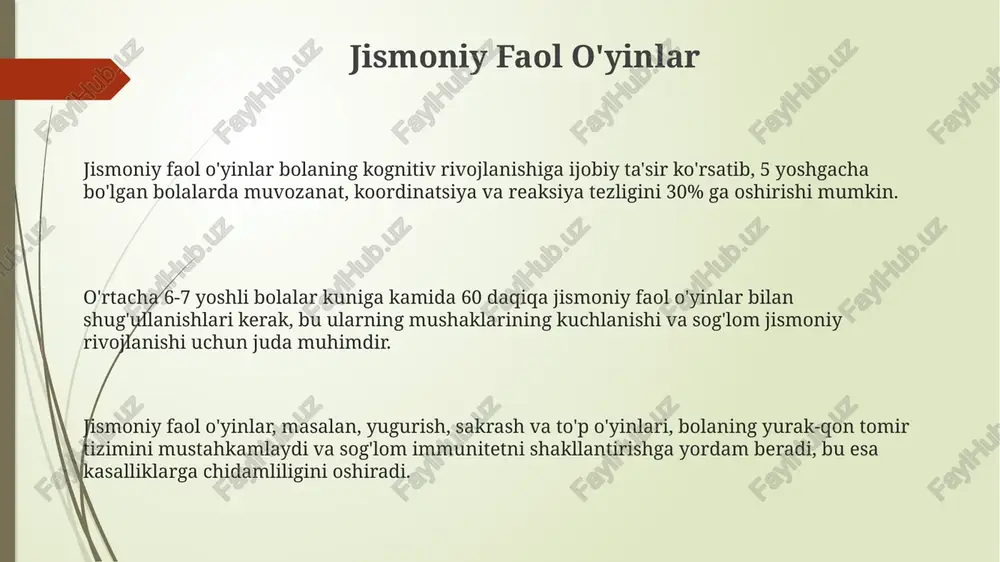 uhitini loyihalashda, bolalarning turli yosh guruhlari (0-2, 3-5, 6-8) uchun xavfsizlik standartlari va ergonomik talablarga rioya qilish muhim. o'yinning rivojlanishdagi ahamiyati ijtimoiy-emotsional rivojlanishda oʻyin 50% dan ortiq hissa qoʻshadi, bolalar tengdoshlari bilan oʻzaro munosabatlarni oʻrganadi, empatiya va hamkorlik koʻnikmalarini rivojlantiradi. oʻyin, bolaning kognitiv rivojlanishida muhim rol oʻynab, fikrlash qobiliyatini 20-25% ga oshirishi va muammo yechish strategiyalarini rivojlantirishga yordam beradi. oʻyin jarayonida bolaning motor koʻnikmalari sezilarli darajada yaxshilanadi, 3 yoshgacha boʻlgan bolalarda nozik va qoʻpol motorika rivojlanishi oʻyin orqali 70% ga tezlashadi. aqliy rivojlanishga ta'siri o'yin jarayonida bolalar 5 dan ortiq hissiy-psixologik holatlarni boshdan kechiradi va ularni boshqarishni o'rganadi, bu esa ijtimoiy-emotsional intellektning rivojlanishiga ijobiy ta'sir qiladi. o'yin faoliyati bolaning kognitiv rivojlanishida muhim rol o'ynab, 2-7 yosh oralig'ida miya hajmining 80% gacha rivojlanishiga yordam beradi, bu esa muammo hal qilish qobiliyatini oshiradi. ramziy fikrlashning rivojlanishiga sezilarli ta'sir ko'rsatadi; masalan, 3 yoshli bola o'yinchoqlar bilan o'ynab, haqiqiy voqealarni takrorlaydi va kognitiv funksiyalarini, …
