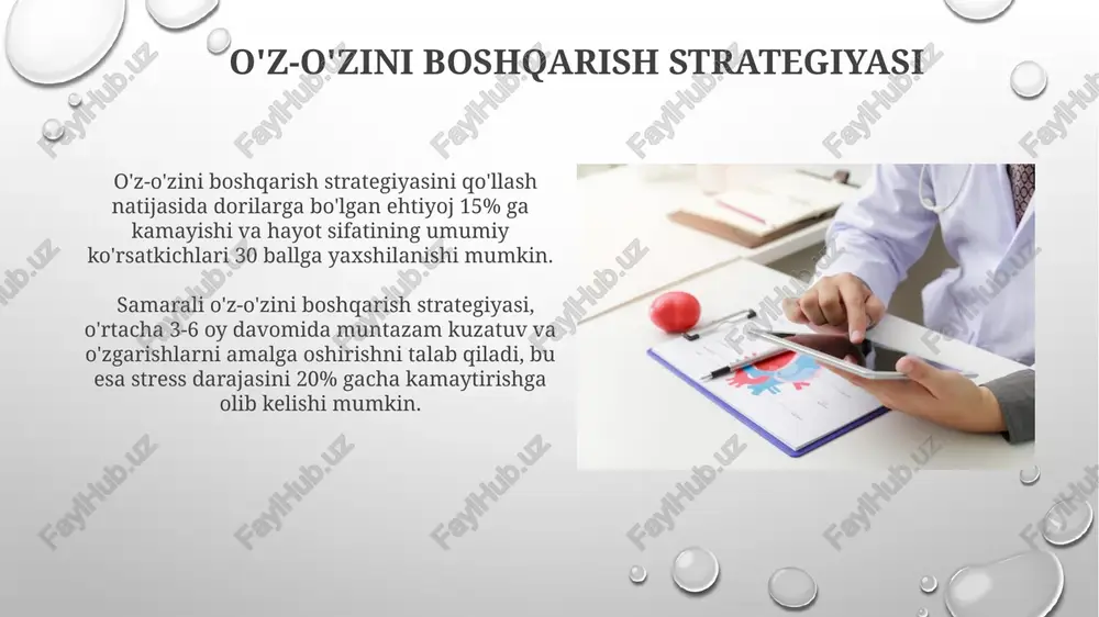 stressni boshqarish uchun kuniga kamida 7-8 soat uxlash, meditatsiya yoki yoga bilan shug'ullanish kabi texnikalar sog'liqni saqlashni yaxshilash va immunitet tizimini mustahkamlashga yordam beradi. balansli ovqatlanish, kunlik kaloriyalar miqdorini nazorat qilish va 5 ta asosiy oziq-ovqat guruhlarini (sabzavot, meva, don mahsulotlari, sut mahsulotlari va oqsillar) iste'mol qilish orqali sog'lom vaznni saqlash mumkin. o'z-o'zini sog'liqni saqlashni baholash tushunchasi o'z-o'zini sog'liqni saqlashni baholash samaradorligi 70% ga yaqin to'g'ri xulosalar chiqarishga imkon beradi va 30% hollarda qo'shimcha tibbiy tekshiruvlarni talab qilishi mumkin. sog'liqni saqlashning o'z-o'zini baholash tizimi sub'ektiv va obyektiv ma'lumotlarni, masalan, uyqu sifati, jismoniy faollik darajasi va stress darajasini o'z ichiga oladi, bu esa umumiy salomatlik holatini aniqlashga yordam beradi. sog'liqni saqlash ko'rsatkichlarini kuzatish sogʻliqni saqlash koʻrsatkichlarini muntazam kuzatish yurak-qon tomir kasalliklari xavfini 30% ga kamaytirishi mumkin, chunki erta aniqlash samarali davolanishni taʼminlaydi. sogʻliqni saqlash koʻrsatkichlarini kuzatish, masalan, uyqu sifati va jismoniy faollik darajasi kabi omillarni baholash orqali umumiy farovonlikni yaxshilashga yordam …