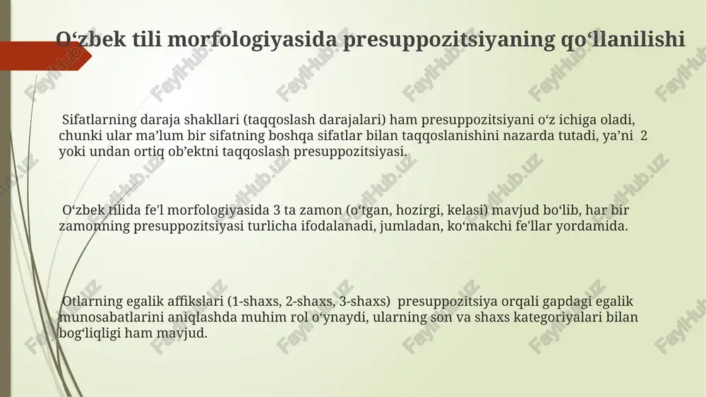 uppozitsiyasi, fe’l kesimli gaplarga nisbatan kuchsizroq boʻlib, taxminan 1,5 marta kamroq aniqlikka ega. presuppozitsiyaning semantik jihatlari sifatlarning daraja kategoriyasi (taqqoslash darajalari) qiyoslash presuppozitsiyasini o'z ichiga oladi; 2 ta yoki undan ortiq obyektni qiyosiy tahlil qilish zarurligini bildiradi. otlarning son va kelishik kategoriyalari ham muayyan presuppozitsiyalarni bildiradi. masalan, ko'plik son (2 va undan ortiq obyekt) mavjudligini presuppozitsiya qiladi. uzbek tilida fe'l morfologiyasida 3 ta asosiy zamon (o'tgan, hozirgi, kelasi) mavjud bo'lib, har biri o'ziga xos presuppozitsion semantik yukni o'z ichiga oladi, masalan, o'tgan zamon voqeaning allaqachon sodir bo'lganligini taxmin qiladi. e'tiboringiz uchun rahmat @taqdimot_robot