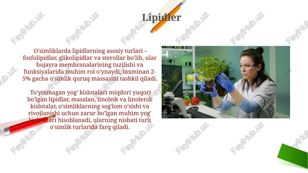 ullar, masalan, azotni bog'laydigan bakteriyalar yordamida tuproq unumdorligini 30% ga oshirish orqali o'simliklarning ozuqaviy sifatini yaxshilash mumkin. o'simliklarning kimyoviy tarkibi o'simliklarning quruq massasining 90% gacha suvdan, qolgan qismi esa asosan uglerod (c), vodorod (h) va kislorod (o) elementlaridan iborat bo'lib, ularning umumiy ulushi 96% ni tashkil etadi. o'simliklar tarkibida azot (n), fosfor (p), kaliy (k) kabi makroelementlar muhim rol o'ynab, o'sish va rivojlanish jarayonlarini tezlashtiradi, ularning miqdori 1-5% gacha yetishi mumkin. ozuqaviy moddalarni tahlil qilish usullari atom-absorbtsion spektroskopiya (aas) usuli o'simlik to'qimalarida 30 dan ortiq mikro va makro elementlarning miqdorini aniqlashda yuqori aniqlik va sezgirlikni ta'minlaydi. yuqori samarali suyuqlik xromatografiyasi (hplc) usuli o'simliklardagi fenolik birikmalar, alkaloidlar va boshqa bioaktiv moddalarni 0.1 mg/l gacha bo'lgan konsentratsiyalarda aniqlash imkonini beradi. mikroelementlar molibden (mo) va xlor (cl) kabi mikroelementlar nitrat reduksiyasi va stomatal regulyatsiyasi kabi muhim fiziologik jarayonlarga aralashadi, bu jarayonlarda ularning miqdori juda oz – 0,1 mg/kg dan kam bo'lishi mumkin. mikroiqtisodiyot …