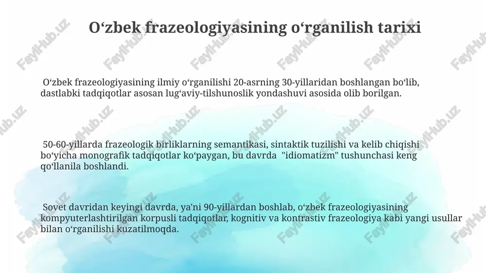 as, bu ularning maʼnosini buzadi. uzbek frazeologizmlarining 70% dan ortigʻi metaforik asosga ega boʻlib, obrazlilik va ifodaviylik bilan ajralib turadi. frazeologizmlar koʻpincha 2-3 ta soʻzdan iborat boʻlib, lekin ularning maʼnosi tarkibidagi soʻzlarning alohida maʼnolaridan ancha farq qiladi, yaʼni idiomatizm xususiyatiga ega. e'tiboringiz uchun rahmat @taqdimot_robot image1.png