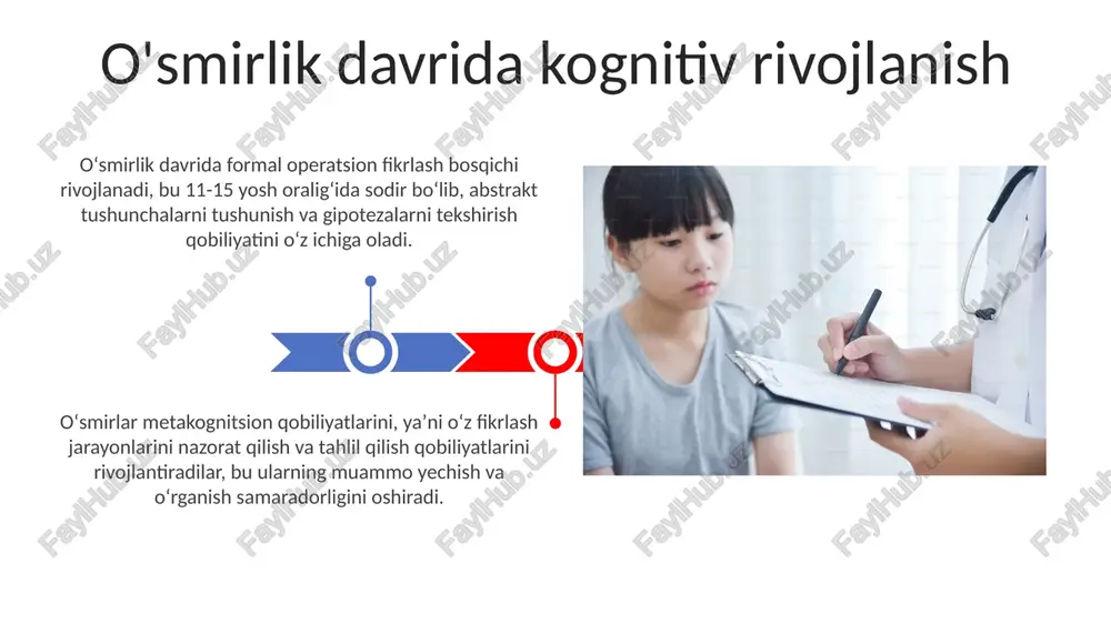 hi normal hisoblanadi, lekin bu xatti-harakatlarning haddan tashqari ortishi psixologik masalalarni keltirib chiqarishi mumkin. o'smirlik davrida jinsiy rivojlanish o'smirlik davridagi stress va uning oqibatlari oʻsmirlik davrida 13-19 yosh oraligʻida stress darajasi yuqori boʻlib, depressiya va xavotirlilik kabi 20% ga yaqin psixologik muammolarga olib kelishi mumkin. ijtimoiy tarmoqlarning haddan tashqari foydalanishi oʻsmirlarda 30% gacha oʻziga ishonchsizlik va ijtimoiy izolyatsiyaga olib kelishi, stress darajasini oshirishi mumkin. o'smirlik davridagi ijtimoiy-emotsional rivojlanish oʻsmirlik davrida oʻziga xos boʻlgan guruhga mansublik hissi kuchayib, tengdoshlar fikri 70% gacha taʼsir koʻrsatishi mumkin, bu esa oʻz-oʻzini baholash va xulq-atvorga taʼsir qiladi. oʻsmirlik davrida mustaqillikka intilish kuchayib, ota-onalar bilan munosabatlarda 40% gacha ziddiyatlar yuzaga kelishi mumkin, bu esa muloqot va tushunishni talab qiladi. o'smirlik davrida salomatlik va xavfsizlik masalalari oʻsmirlar oʻrtasida giyohvand moddalarni iste’mol qilish va suiiste’mol qilish 10% dan yuqori koʻrsatkichlarga ega boʻlib, ularning ijtimoiy moslashuvi va ruhiy salomatligiga jiddiy tahdid soladi. oʻsmirlik davrida ruhiy salomatlik muammolari, masalan, depressiya …