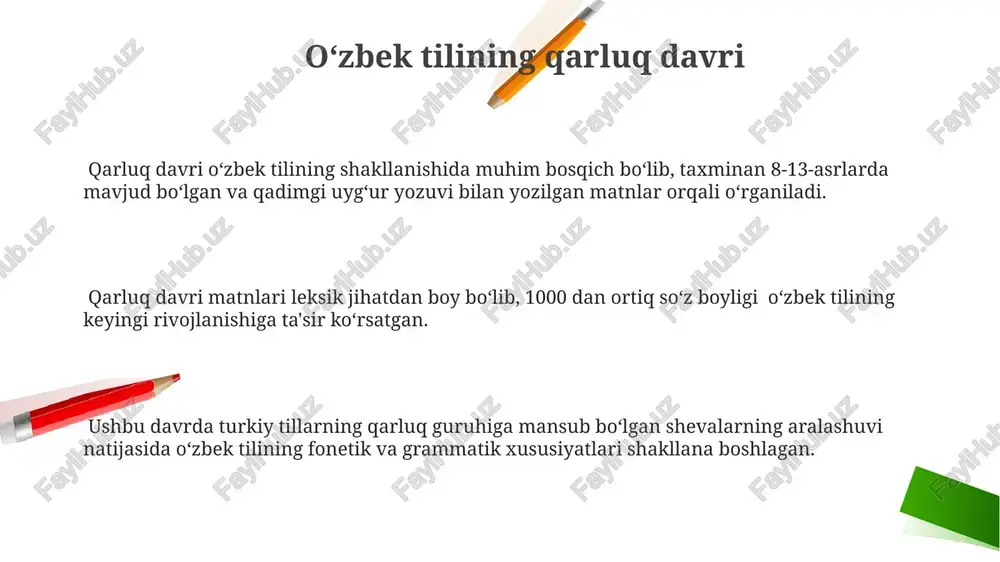 anubiy guruhining dialektlari asosida shakllana boshlaganligi va hozirgi oʻzbek tilining fonetik tizimining prototiplari shu davrda paydo boʻlganligi taxmin qilinadi. xvi asrdan boshlab oʻzbek tilining hududiy dialektlari oʻrtasidagi farqlar kuchayib, zamonaviy adabiy oʻzbek tilining shakllanishiga taʼsir koʻrsatgan turli dialektal xususiyatlar paydo boʻlgan. e'tiboringiz uchun rahmat @taqdimot_robot image2.png image1.png