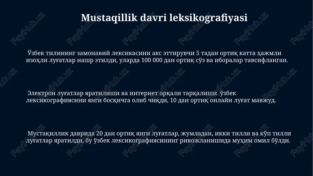 , ularning hajmi nisbatan kichik, 100-500 ta soʻzdan iborat edi. oʻrta asr uzbek leksikografiyasi arab va fors tillarining ta'siri ostida rivojlangan boʻlib, koʻplab arab va fors soʻzlari, shuningdek, ularning ma'nolari va qoʻllanilishi haqida ma'lumotlarni oʻz ichiga olgan. e'tiboringiz uchun rahmat @taqdimot_robot image1.jpg
