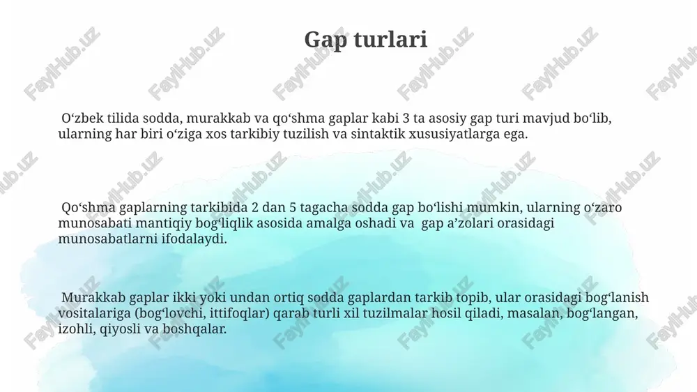 a so'zlar mavjudligida ham ma'no o'zgarishi mumkin. soʻz tartibi oʻzgarishlari orqali jumlaga turli xil stilistik va grammatik ma'nolar kiritish mumkin, masalan, 5 ta soʻzdan iborat sodda jumlada soʻzlarning joy almashinuvi 120 ta kombinatsiyaga olib kelishi mumkin. e'tiboringiz uchun rahmat @taqdimot_robot image1.png