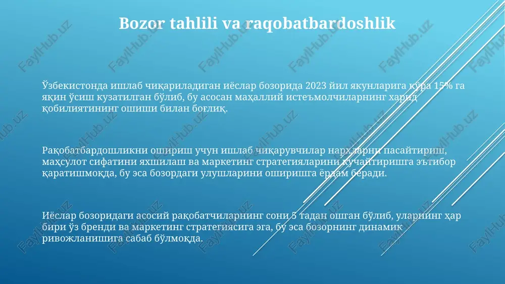 etib, yiliga o'rtacha 10 000 dan ortiq iyyos ishlab chiqariladi, bu esa yuqori mahsuldorlikni ta'minlaydi. e'tiboringiz uchun rahmat @taqdimot_robot