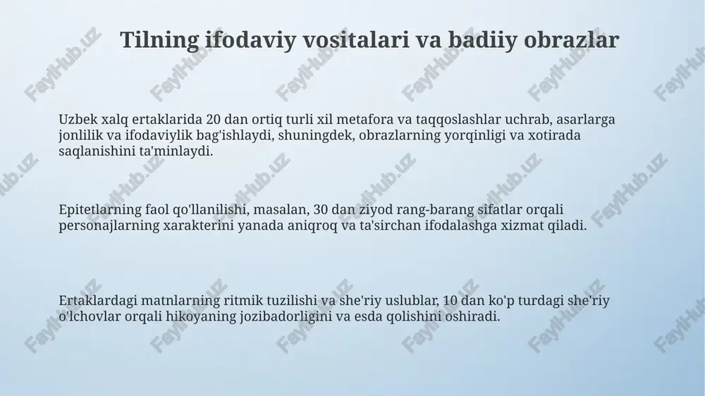 lining boyligidan dalolat beradi. o'zbek xalq ertaklaridagi dialoglarning 70% dan ortig'ida “iltimos”, “raxmat”, “uzr” kabi muloqot madaniyatiga xos so'zlar qo'llaniladi, bu esa soʻz odobining ahamiyatini ko'rsatadi. e'tiboringiz uchun rahmat @taqdimot_robot image4.png image3.jpeg