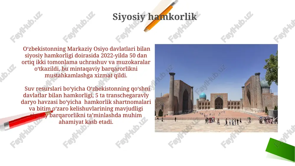 y ta'lim muassasalarining 5 dan ortiq qozogʻiston universitetlari bilan qoʻshma ta'lim dasturlari mavjud boʻlib, yillik bitiruvchilar soni 200 dan oshadi. chegaralarni delimitatsiya va demarkatsiya qilish qirgʻiziston bilan chegaraning delimitatsiyasi jarayonida 100 dan ortiq tortishuvli hududni aniqlash va huquqiy jihatdan hal qilishga erishildi, bu ikki mamlakat oʻrtasidagi munosabatlarni mustahkamlashga xizmat qildi. tojikiston bilan chegaraning demarkatsiyasi 1169 kilometrlik umumiy chegaraning katta qismini qamrab oldi va ikki tomonlama komissiyaning samarali faoliyati tufayli davlatlararo kelishuvlarga erishildi. suv resurslari bo'yicha hamkorlik 2022 yilda suv ta'minoti sohasida o'zaro hamkorlikni kuchaytirish maqsadida 10 dan ortiq ikki tomonlama shartnomalar imzolandi, ularning umumiy qiymati 50 million aqsh dollaridan oshadi. suv resurslari bo'yicha mintaqaviy hamkorlik doirasida, suv iste'molini 15% ga kamaytirishga qaratilgan birgalikda ishlab chiqilgan 7 ta dastur muvaffaqiyatli qo'llanilmoqda. savdo-iqtisodiy aloqalar oʻzbekistonning markaziy osiyo davlatlari bilan savdo hajmi 2022 yilda 20 milliard aqsh dollaridan oshgan, bu mintaqadagi iqtisodiy integratsiyaning oʻsishini koʻrsatadi. oʻzbekiston va qozogʻiston oʻrtasidagi chegaradosh hududlarda savdo aylanmasi …