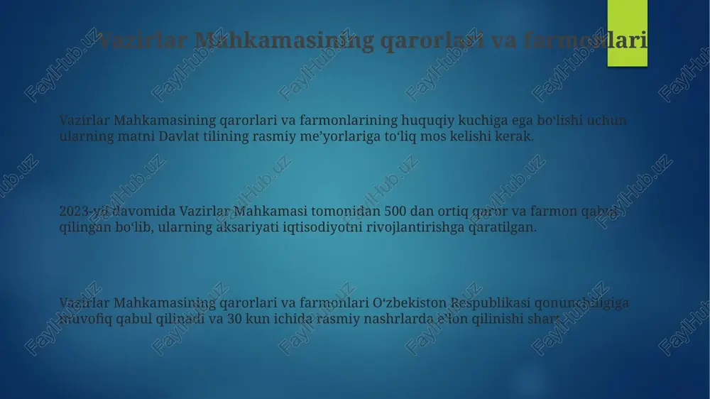 diqlangan davlat byudjeti doirasida belgilanadi va o'rtacha 10 trillion so'mdan ortiqni tashkil etadi. vazirlar mahkamasi o'z faoliyatini moliyalashtirish uchun, shuningdek, xalqaro tashkilotlar va xorijiy davlatlardan olingan grantlar va kreditlardan ham foydalanadi, bu mablag'larning yillik hajmi 500 million aqsh dollariga yetmasligi mumkin. oʻzbekiston respublikasi vazirlar mahkamasining tarkibi vazirlar mahkamasining tarkibi prezident farmoni bilan tasdiqlanadi va u tarkibida bir qancha oʻrinbosarlar, davlat kotibi va boshqa yuqori lavozimli amaldorlar mavjud. vazirlar mahkamasining raisi – oʻzbekiston respublikasining bosh vaziri boʻlib, u hukumat faoliyatini muvofiqlashtirish va nazorat qilishni amalga oshiradi. oʻzbekiston respublikasi vazirlar mahkamasining tarkibiga 2023-yil holatiga koʻra 30 ga yaqin vazirlik va qoʻmitalar kiradi, ularning har biri muayyan tarmoqni boshqaradi. vazirlar mahkamasining istiqbolli rejalar va islohotlari vazirlar mahkamasi 2030-yilgacha boʻlgan davr uchun iqtisodiyotni diversifikatsiya qilish va raqobatbardoshligini oshirish boʻyicha 5 ta strategik yoʻnalishni belgilab oldi, bu esa yalpi ichki mahsulotning 15% ga oʻsishini taʼminlashni maqsad qilgan. hukumatning "raqamli oʻzbekiston" dasturi doirasida 2025-yilga qadar axborot-kommunikatsiya …