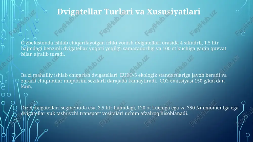 itrgacha oʻzgaradi. ishlab chiqarish hajmi yiliga 5000 dan ortiq dvigatelni tashkil etadi, bu esa mamlakatning avtomobilsozlik sanoatini rivojlantirishga sezilarli hissa qoʻshmoqda. oʻzbekistonda ishlab chiqarilgan ichki yonish dvigatellari, asosan, 100-300 ot kuchiga ega boʻlib, avtomobil, qishloq xoʻjaligi texnikasi va boshqa transport vositalarida qoʻllaniladi. e'tiboringiz uchun rahmat @taqdimot_robot image1.png image2.png image3.png image4.png image5.png