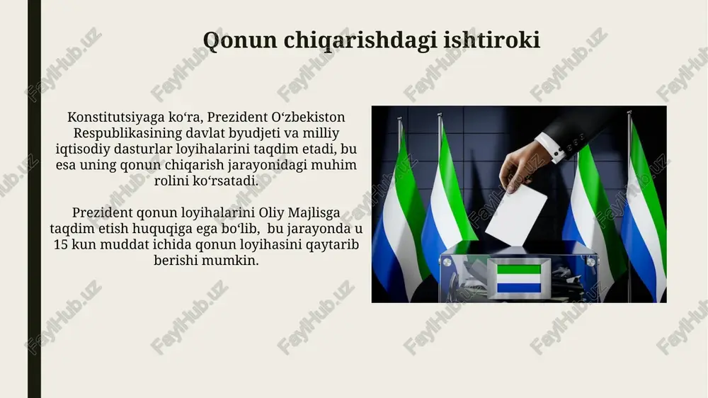 arga rioya qilinishi talab etiladi. hukumat bilan munosabatlari davlat byudjeti loyihasi prezident tomonidan tasdiqlanadi va hukumat ushbu byudjetni amalga oshirish uchun javobgardir, bu esa prezidentning moliyaviy nazorat mexanizmlariga taʼsirini koʻrsatadi. konstitutsiyaga koʻra, prezident hukumatning yagona rahbari hisoblanadi va u qonunlar ijrosini taʼminlash uchun hukumatga umumiy rahbarlik qiladi. konstitutsiyaviy sudning roli konstitutsiyaviy sud prezidentning farmon va qarorlarining konstitutsiyaga muvofiqligini 15 kun ichida tekshirib, ularning bekor qilinishi yoki o‘zgartirilishi to‘g‘risida qaror qabul qilishi mumkin. konstitutsiyaga ko'ra, konstitutsiyaviy sudning 13 nafar a'zosi bor, ularning har biri kamida 10 yillik yuridik tajribaga ega bo'lishi kerak. mudofaa va xavfsizlik masalalari konstitutsiya prezidentga mudofaa va xavfsizlik sohasida 5 ta muhim qaror qabul qilish vakolatini beradi, shu jumladan davlat chegarasining daxlsizligini ta’minlash va milliy xavfsizlikka tahdidlarni bartaraf etish. prezident mudofaa va xavfsizlik kengashining oliy bosh qo‘mondoni hisoblanadi, bu uning qurolli kuchlar ustidan 3 ta asosiy huquqiy va operativ nazorat mexanizmlarini qo‘llash imkoniyatini beradi. ichki siyosatdagi roli konstitutsiyaviy …