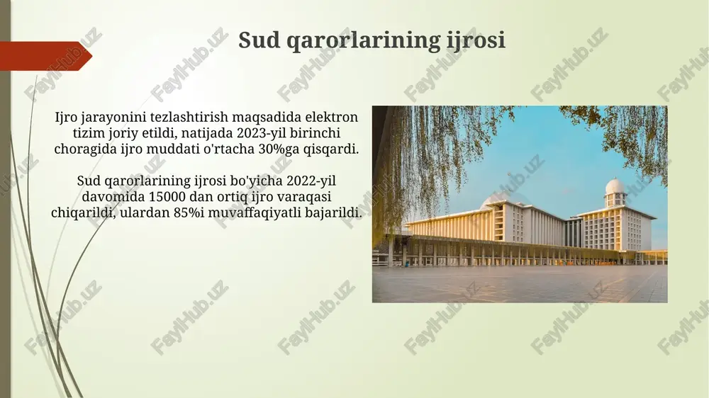 bir shaxs foydalanishi mumkin. fuqarolik ishlari bo‘yicha sud jarayonlarida ishlarga dalillarni taqdim etish va guvohlar chaqirish huquqi kafolatlangan bo‘lib, ularning huquqlari 10 kundan oshmasligi kerak. jinoyat ishlarini koʻrish tartibi jinoyat ishlarini koʻrish tartibi boʻyicha sud qarorlarining bajarilishini nazorat qilish tizimi mavjud boʻlib, 5 yildan ortiq muddatga ozodlikdan mahrum etish jazosi berilgan shaxslarning ahvoli alohida nazorat qilinadi. jinoyat protsessining barcha bosqichlarida, shu jumladan tergov, sud va qayta koʻrib chiqish bosqichlarida, ishtirokchilarning huquqlarini himoya qilishga alohida e’tibor qaratiladi, 20 dan ortiq huquqiy kafolatlar mavjud. sudyalarni tayyorlash va ularning malakasini oshirish oliy sud huzuridagi sudyalarni qayta tayyorlash va malakasini oshirish markazi yiliga 500 dan ortiq sudya va sud xodimlarini oʻqitadi, zamonaviy oʻquv dasturlari va texnologiyalaridan foydalanadi. sudyalarni attestatsiyadan oʻtkazish jarayoni 3 bosqichdan iborat boʻlib, har 5 yilda bir marta oʻtkaziladi va ularning kasbiy bilimlari va axloqiy fazilatlarini baholaydi. sud hokimiyatining boshqa davlat hokimiyati organlari bilan oʻzaro munosabatlari prezident konstitutsiyaga muvofiq sud tizimini boshqarishda …