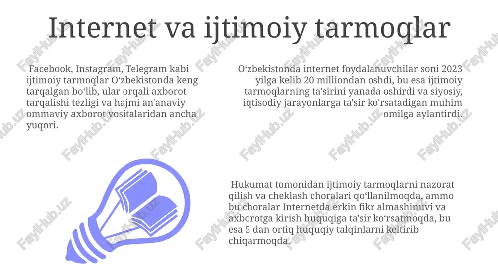 i nashr etishda qiyinchiliklarga duch kelishadi, bu esa axborot erkinligini cheklaydi. oʻzbekistonda 2018 yildan beri matbuot va ommaviy axborot vositalariga nisbatan senzura darajasi sezilarli darajada kamaygan boʻlsa-da, hukumatning taʼsiri va nazorati hali ham mavjud. oav huquqiy asoslari, shu jumladan, matbuot erkinligi toʻgʻrisidagi qonunlar mavjud boʻlsa-da, amalda ularning bajarilishi ba'zan siyosiy va iqtisodiy bosimlar tufayli qiyinlashadi. o'zbekiston respublikasidagi ommaviy axborot vositalarining tarixi sovet davrida, 1930-1990 yillar oraligʻida, ommaviy axborot vositalari qatʼiy davlat nazorati ostida boʻlib, ideologiya tarqatishga xizmat qilgan va muxolifat fikrlariga yoʻl qoʻymas edi. mustaqillikdan soʻng, 1991-yildan boshlab, ommaviy axborot vositalarining soni keskin oshdi, raqamli texnologiyalar joriy etildi va matbuot erkinligi prinsiplari asta-sekin amalga oshirila boshladi, garchi cheklovlar saqlanib qolgan boʻlsa ham. oʻzbekiston respublikasida 1920-yillarda ommaviy axborot vositalarining rivojlanishi, asosan, lotin alifbosiga oʻtish va siyosiy targʻibotga yoʻnaltirilgan edi, bu davrda gazetalar soni 100 dan oshdi. davlat siyosati va ommaviy axborot vositalari prezident farmonlari va hukumat qarorlari orqali ommaviy axborot vositalarining …