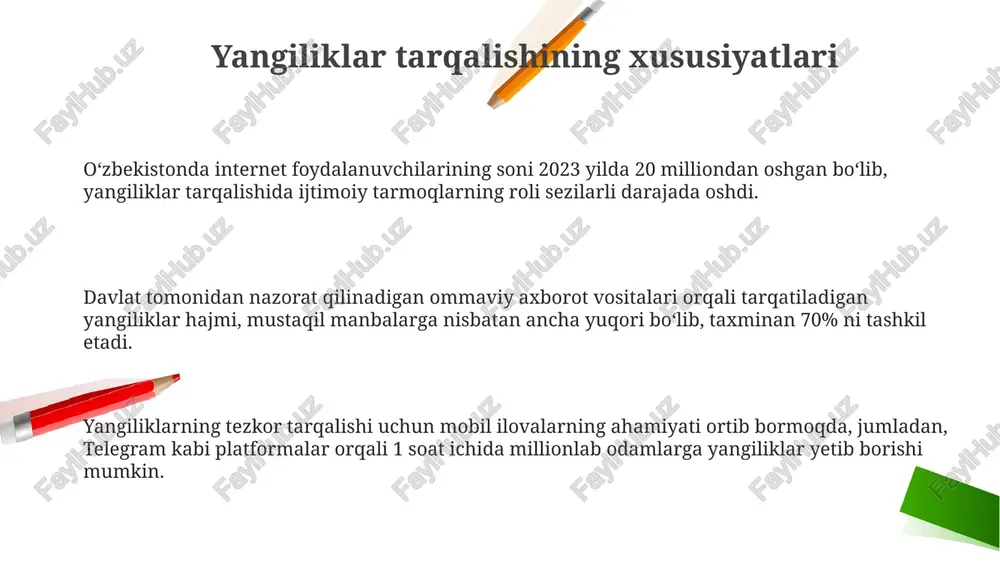 a aholining 80% dan ortigʻi raqamli televideniyedan foydalanmoqda. davlat tomonidan nazorat qilinadigan telekanallar va radiostansiyalar, milliy efir vaqtida ijtimoiy-siyosiy dasturlarni, oʻrtacha 60% ga yaqinini efirga uzatishadi. xususiy ommaviy axborot vositalari xususiy onlayn nashrlar va bloglarning auditoriyasi yosh avlod orasida ancha yuqori bo'lib, ularning ta'siri va siyosiy, ijtimoiy jarayonlardagi roli ortib bormoqda. xususiy telekanallar va radiostansiyalar bozor ulushining taxminan 30 foizini egallaydi, bu raqam davlat sektoriga nisbatan ancha kam bo'lsa-da, o'sish sur'atlari yuqori. xususiy ommaviy axborot vositalarining soni 2000-yillarning boshlaridan beri sezilarli darajada oshdi, 2023 yil holatiga ko'ra, ularning umumiy soni 500 dan ortiqni tashkil etadi. axborot xavfsizligi va senzura internetda tarqalgan notoʻgʻri maʼlumotlarga qarshi kurashish uchun maxsus monitoring tizimlari joriy etilgan, bu esa 2022-yilda 5000 dan ortiq shubhali kontentning oʻchirilishiga olib keldi. davlat tomonidan nazorat qilinadigan ommaviy axborot vositalarining soni jami ommaviy axborot vositalarining 70% dan ortiqini tashkil etadi, bu esa senzura darajasining yuqori ekanligini koʻrsatadi. oʻzbekistonda axborot xavfsizligini taʼminlash …