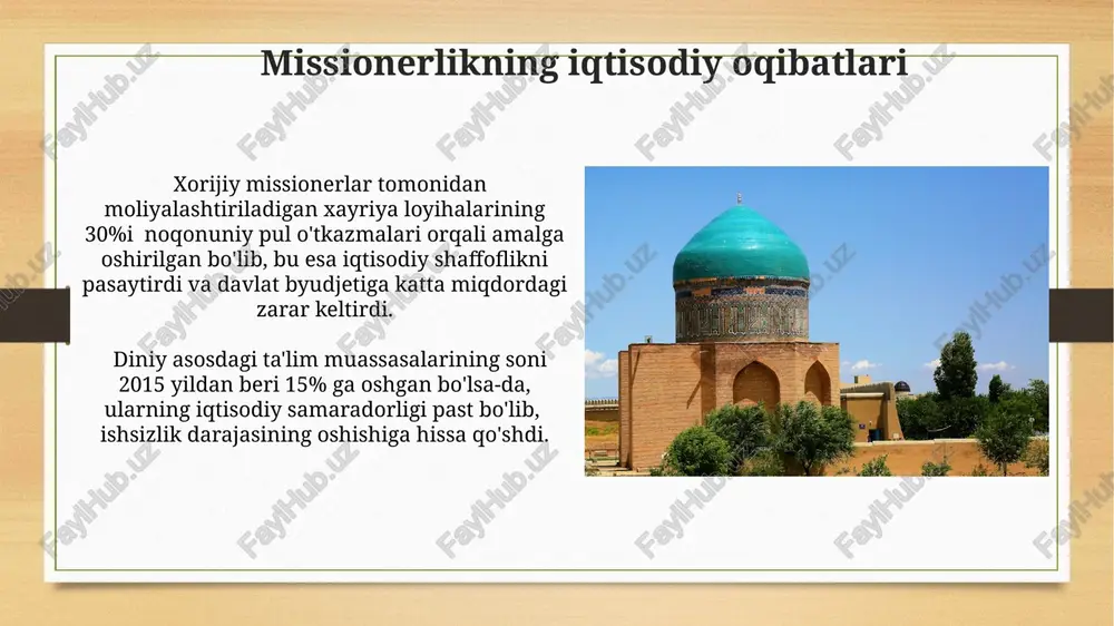 shi 20 dan ortiq huquqbuzarlik holati qayd etilgan bo'lib, bu jamiyatdagi norozilik va xavotirlarni ko'rsatadi. diniy ekstremizm va missionerlik faoliyati davlat tomonidan missionerlik faoliyatiga qarshi kurashda 10 dan ortiq maxsus dasturlar amalga oshirilgan boʻlib, ularning samaradorligi turlicha baholanmoqda. terrorchilik va ekstremizmga qarshi kurashda diniy ekstremizm va missionerlik faoliyatini aniqlash va oldini olishga qaratilgan 20 ga yaqin qonun hujjatlari mavjud. missionerlikning siyosiy oqibatlari o'zbekiston hukumati missionerlik faoliyatini cheklash siyosati ba'zi xorijiy davlatlar bilan munosabatlarning keskinlashuviga, iqtisodiy sanksiyalar va diplomatik bosimga olib keldi. missiya faoliyati natijasida 2000-yillardan keyin o'zbekistonda diniy ekstremizmga moyil bo'lgan 500 ga yaqin guruh paydo bo'ldi, bu esa davlat xavfsizligiga tahdid soladi. o'zbekiston qonunchiligi va missionerlik faoliyati jinoyat kodeksining 244-moddasi, missionerlik faoliyatini noqonuniy tarzda amalga oshirish uchun jinoiy javobgarlikni, shu jumladan, jarima va qamoq jazoini nazarda tutadi. oʻzbekiston respublikasi konstitutsiyasi, 18-moddasi, vijdon erkinligini kafolatlasa-da, diniy tashkilotlarning faoliyati qonun doirasida tartibga solinadi va missionerlik faoliyati qatʼiy cheklangan. e'tiboringiz uchun rahmat …