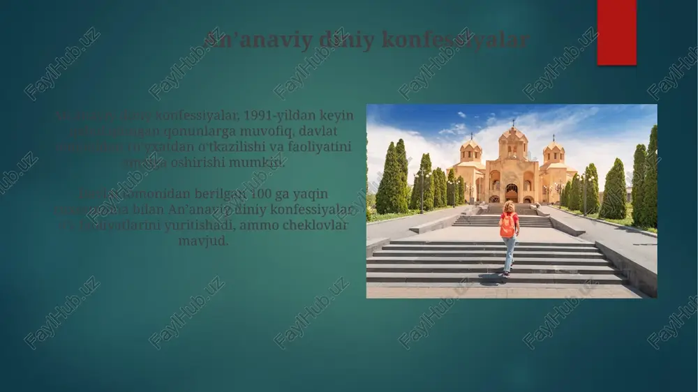 nlash” qonunchiligi diniy tashkilotlarning faoliyatini tartibga soluvchi 10 dan ortiq moddani oʻz ichiga oladi, bu ularning roʻyxatdan oʻtkazilishini va faoliyatining shaffofligini taʼminlashga qaratilgan. din erkinligi kafolatlari o'zbekiston qonunchiligi 18 yoshdan kichik shaxslarning diniy tashkilotlarga a'zo bo'lishini cheklaydi, ularning diniy ta'lim olish huquqi ota-onalarining roziligiga bog'liq. davlat diniy tashkilotlarning faoliyatini nazorat qilish, jumladan, moliyaviy hisobotlarini tekshirish va 5 dan ortiq kishilik diniy guruhlarning ro'yxatdan o'tish tartibini belgilaydi. ekstremistik va terrorchilik diniy oqimlarga qarshi kurash “ekstremistik va terrorchilik diniy oqimlarga qarshi kurash” qonun hujjatlari 20 dan ortiq diniy ekstremizm va terrorizmga aloqador tashkilotlarning faoliyatini taqiqlaydi. qonunchilikda diniy ekstremizm va terrorizmga qarshi kurashda maxsus xavfsizlik choralari, masalan, kuzatuv va monitoring kabi usullar qo'llanilishiga ruxsat berilgan. diniy bayramlar diniy bayramlarni nishonlash davomida davlat tomonidan fuqarolarning konstitutsiyaviy huquqlari va erkinliklariga rioya etilishi kafolatlanadi, shu jumladan, vijdon erkinligi va diniy e'tiqod. o'zbekistonda 11 ta diniy bayram rasman ta'til kunlari sifatida belgilangan bo'lib, ularning aksariyati musulmonlarning muhim …