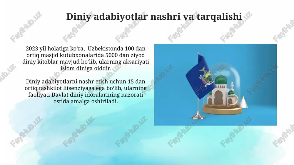 nadi. xorijiy diniy tashkilotlarning faoliyati cheklangan va ularning oʻzbekistondagi vakolatxonalarini ochish uchun maxsus ruxsatnomalar talab etiladi. huquqiy mexanizmlar va amaliyot davlat diniy tashkilotlar bilan o‘zaro hamkorlikni amalga oshirishda, 20 dan ortiq diniy konferentsiyalar va uchrashuvlarni o‘tkazish orqali ularning ijtimoiy-madaniy hayotdagi rolini qo‘llab-quvvatlash mexanizmlarini qo‘llaydi. diniy ekstremizm va terrorizmga qarshi kurashda, “jinoyat kodeksi”ning 159-moddasi kabi qonun hujjatlari orqali 5 yildan 15 yilgacha ozodlikdan mahrum qilish jazosi qo‘llaniladi, bu esa huquqiy mexanizmning samaradorligini namoyish etadi. diniy taʼlim va tarbiya “diniy taʼlim va tarbiya” sohasidagi davlat siyosati, diniy ekstremizm va terrorizmga qarshi kurash bilan birgalikda, milliy anʼanalar va madaniyatni hurmat qilishga, shu jumladan diniy bagʻrikenglik tamoyillarini mustahkamlashga qaratilgan boʻlib, taʼlimning sekulyar xususiyatlarini ham himoya qiladi. oʻzbekiston respublikasida 160 dan ortiq masjid, 50 dan ziyod cherkov va boshqa diniy inshootlar mavjud boʻlib, ularning faoliyati “diniy taʼlim va tarbiya” toʻgʻrisidagi qonun doirasida tartibga solinadi, shuningdek, 100 dan ortiq diniy oʻquv markazlari faoliyat koʻrsatadi. ekstremistizm va …