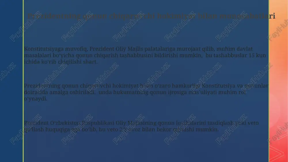 n bozoriga integratsiya yoʻlida muhim qarorlar qabul qildi, bu esa yalpi ichki mahsulotning sezilarli oʻsishini taʼminladi. ijtimoiy sohani rivojlantirishdagi prezidentning siyosati ta’lim sohasida 1-sinfdan 11-sinfgacha bo‘lgan umumiy o‘rta ta’limni qamrab oluvchi yangilangan o‘quv dasturlari joriy etildi va 2024 yilga qadar 5000 dan ortiq maktabning moddiy-texnik bazasi yaxshilanishi rejalashtirilgan. prezidentning ijtimoiy himoya siyosati doirasida 2023 yilda 1,5 million fuqaroga ijtimoiy nafaqa va yordamlar miqdori oshirildi, bu kambag‘allik darajasini pasaytirishga sezilarli hissa qo‘shdi. sog‘liqni saqlash sohasida 2022-2026 yillarga mo‘ljallangan davlat dasturi doirasida 1000 dan ortiq yangi tibbiyot muassasasi qurilishini nazarda tutib, aholining sog‘lom turmush tarzini shakllantirishga qaratilgan keng ko‘lamli ishlar amalga oshirilmoqda. tashqi siyosatda prezidentning oʻrni davlat rahbarining tashqi siyosat bo’yicha 2023 yilgi rejalariga 50 dan ortiq ikki tomonlama va ko’p tomonlama muzokaralar kiradi, iqtisodiy va madaniy aloqalarni rivojlantirishga qaratilgan. o’zbekistonning bmt, shht, mdh kabi xalqaro tashkilotlardagi faol ishtiroki prezident rahbarligida amalga oshirilib, mamlakatning global miqyosdagi ta’sirini oshirmoqda. prezidentning tashqi siyosiy strategiyasi …
