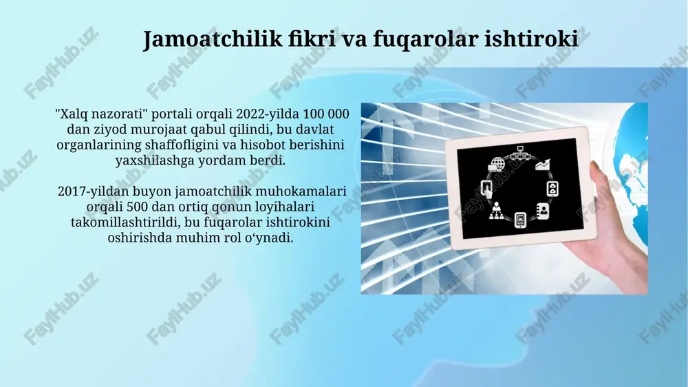 langan 1,5 milliondan ortiq oilaga nafaqa miqdori sezilarli darajada oshirildi, bu esa qashshoqlik darajasini pasaytirishga yordam berdi. ijtimoiy himoya tizimini takomillashtirish bo'yicha amalga oshirilgan islohotlar natijasida nogironlarning bandligi darajasi 15% ga oshdi, bu ularning ijtimoiy moslashuvini yaxshilashga yordam berdi. gender tengligi va ayollar huquqlari oʻzbekistonda ayollar parlamentdagi vakillik 2019 yildan beri 30% dan oshdi, bu gender tengligi yoʻlida muhim qadamdir. oilaviy zoʻravonlikka qarshi kurashish boʻyicha qonunlarning qabul qilinishi va amaliy qoʻllanilishi natijasida 2023 yilda qayd etilgan holatlar soni 20% ga kamaydi. sogʻliqni saqlash sohasidagi islohotlar sogʻliqni saqlash tizimida 2018 yildan buyon 5000 dan ortiq yangi shifokor va oʻrta tibbiyot xodimlari ishga qabul qilingan boʻlib, bu kadrlar ta'minotini sezilarli darajada yaxshilashga yordam berdi. tibbiy xizmatlarga kirishni yaxshilash maqsadida, 2023 yilga kelib, 1000 dan ortiq yangi qishloq vrachlik punktlari va birlamchi tibbiy-sanitariya yordami punktlari qurildi va ta'mirlandi. huquqiy islohotlar va inson huquqlari huquqiy islohotlar doirasida fuqarolarning sudlarda ishtirok etish huquqi mustahkamlandi va …
