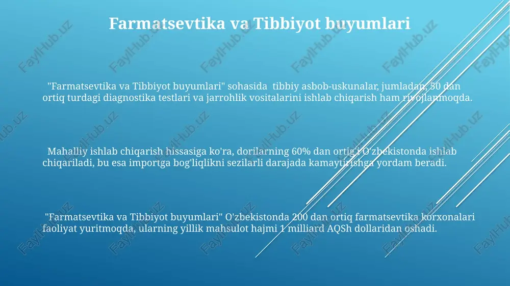 iqtisodiyotdagi muhim rolini ko'rsatadi. yirik korxonalarning eksport hajmi yiliga o'rtacha 10 milliard aqsh dollaridan oshadi, bu asosan tayyor mahsulotlar va xom ashyolar hisobiga amalga oshiriladi. qurilish materiallari ishlab chiqarish oʻzbekistondagi yirik qurilish materiallari ishlab chiqarish korxonalari yiliga oʻrtacha 5 million tonnadan ortiq sement, 10 million kvadrat metrdan ziyod keramik plitka va 2 million kub metrdan koʻproq beton mahsulotlarini ishlab chiqaradi. mamlakatda 20 dan ortiq yirik qurilish materiallari zavodi faoliyat yuritmoqda, ularning aksariyati zamonaviy texnologiyalar va avtomatlashtirilgan tizimlar bilan jihozlangan boʻlib, ishlab chiqarish hajmini oshirishga imkon beradi. qurilish materiallari ishlab chiqarish sohasida eksport hajmi yildan-yilga oʻsib bormoqda, 2022 yilda eksport qilingan mahsulotlarning umumiy qiymati 100 million aqsh dollaridan oshib ketdi. elektr energetikasi “elektr energetikasi” oʻzbekistondagi eng yirik elektr energiyasi ishlab chiqaruvchilardan biri boʻlib, yillik quvvati 5000 mvt dan ortiq boʻlgan ges va tes larni boshqaradi. “elektr energetikasi”ning ishlab chiqarish hajmi yiliga 50 milliard kvt/soatdan oshadi, bu esa oʻzbekistonning umumiy elektr energiyasi …