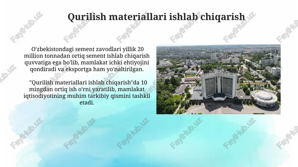 qilinadigan bo'yoqlar va laklarni mahalliylashtirish, iqtisodiy samaradorlikni sezilarli darajada oshirishi mumkin. o'zbekiston kimyo korxonalarining eksport salohiyati yiliga 1 milliard aqsh dollaridan ortiq bo'lib, asosan mineral o'g'itlar, kimyoviy tolalar va polimer mahsulotlariga to'g'ri keladi. kimyo sanoatining oʻzbekiston iqtisodiyotidagi oʻrni sohaning rivojlanishiga davlat tomonidan 2023 yilda 1 milliard dollardan ortiq investitsiyalar kiritildi, bu yangi ish oʻrinlari yaratuvchi loyihalarni qoʻllab-quvvatlash va zamonaviy texnologiyalarni joriy etishga yoʻnaltirilgan. kimyo sanoati oʻzbekiston yalpi ichki mahsulotining (yaim) 2-3% ni tashkil etadi va eksport salohiyatining muhim qismini oʻz ichiga oladi, asosan mineral oʻgʻitlar va kimyoviy tolalarni yetkazib beradi. neft-kimyo mahsulotlari ishlab chiqarish o'zbekistondagi neft-kimyo zavodlari yiliga 500 ming tonnadan ortiq polipropilen ishlab chiqaradi, bu mamlakatning plastik va tola sanoati ehtiyojlarini qondirishda muhim rol o'ynaydi. "neft-kimyo mahsulotlari ishlab chiqarish" sohasida 30 dan ortiq yirik va o'rta korxonalar faoliyat ko'rsatib, yalpi ichki mahsulotga 5% dan ortiq hissa qo'shmoqda. oʻzbekistondagi yirik kimyo korxonalarining umumiy koʻrinishi maxsus kimyoviy mahsulotlar ishlab chiqarishda, ayniqsa, …