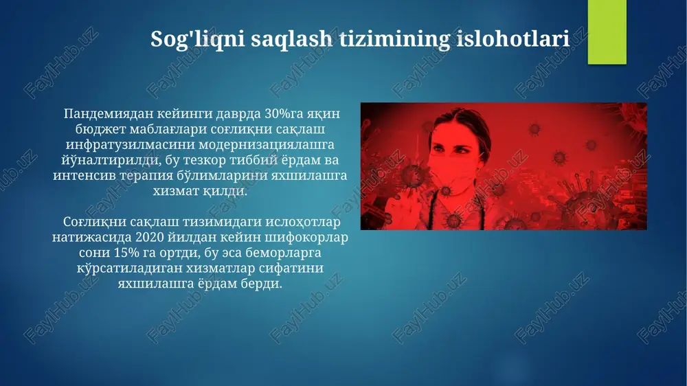 rdi. kichik va o'rta biznes korxonalarining (kkok) 40% dan ortig'i pandemiya tufayli moliyaviy qiyinchiliklarga duch keldi va ulardan 15% butunlay yopildi. iqtisodiy tiklanish va yangi imkoniyatlar pandemiya davrida onlayn savdo hajmi 20% ga oshdi, bu e-tijorat platformalari va logistika sohalari uchun yangi bozorlar va investitsiyalarni jalb qilish imkoniyatini berdi. jahon banki ma'lumotlariga ko'ra, pandemiyadan keyingi iqtisodiy o'sish sur'ati 2021 yilda 5,5% ni tashkil etdi, bu esa yangi texnologiyalar va raqamli iqtisodiyotning rivojlanishi uchun katta imkoniyatlar yaratdi. pandemiyaning ijtimoiy ta'siri ijtimoiy aloqalar va ijtimoiy qo'llab-quvvatlashning pasayishi, ayniqsa, qariyalar va yolg'iz yashovchi shaxslar orasida, pandemiyaning ijtimoiy izolyatsiyasi va yolg'izlik hissiyotlariga olib keldi, bu esa sog'liqqa salbiy ta'sir ko'rsatdi. pandemiya davrida 2020-yil mart oyidan boshlab, dunyo bo'ylab 100 milliondan ortiq inson ishsiz qoldi, bu esa ijtimoiy tengsizlikni kuchaytirdi va qashshoqlik darajasini oshirdi. pandemiyaning sog'liqni saqlash tizimiga ta'siri kasalxonalarning 50% dan ortig'i intensiv terapiya bo'limlarining to'lib ketishi va tibbiy jihozlarning yetishmasligi muammosini boshdan kechirdi, …