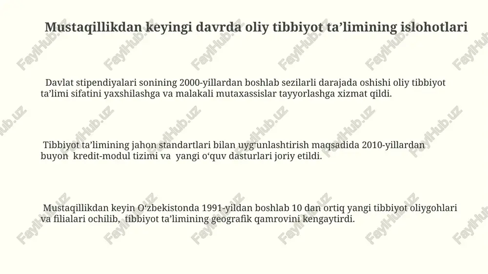 larini qo'llab-quvvatlash dasturi orqali moliyalashtirildi. davlat tomonidan qo'llab-quvvatlanadigan 10 dan ortiq ilmiy-tadqiqot markazlari yuqori texnologiyalar va zamonaviy uskunalar bilan jihozlangan bo'lib, yillik 500 dan ortiq ilmiy maqolalar nashr etadi. ilmiy-tadqiqot ishlari samaradorligini oshirish maqsadida, 2020-yildan boshlab 5 ta oliy tibbiyot muassasasi klinik tadqiqotlarga 15 milliard so'mdan ortiq mablag' jalb qildi. oʻzbekistonda oliy tibbiyot taʼlimi tizimining shakllanishiga oid tarixiy maʼlumotlar mustaqillikdan keyingi davrda (1991-yildan) oliy tibbiyot taʼlimi tizimi jahon standartlariga moslashtirilgan, xalqaro hamkorlik kuchaygan va yangi texnologiyalar joriy etilgan. sovet davrida, 1930-1960 yillar oraligʻida, tibbiyot oliy oʻquv yurtlarining soni koʻpaygan, mutaxassisliklar soni kengaygan hamda klinik amaliyotga urgʻu berilgan. oʻzbekistonda 1920-yillarda toshkent tibbiyot instituti tashkil topgan boʻlib, bu oliy tibbiyot taʼlimi tizimining boshlanishi hisoblanadi va dastlabki yillarda asosan mahalliy mutaxassislar tayyorlashga qaratilgan. oliy tibbiyot taʼlimining kelajagi va istiqbollari kelgusi 5 yilda tibbiyot oliygohlari 1000 dan ortiq yangi zamonaviy uskunalar bilan jihozlanib, talabalar amaliy ko'nikmalarini rivojlantirish imkoniyatiga ega bo'ladilar. oliy tibbiyot ta'limining kelajagi …