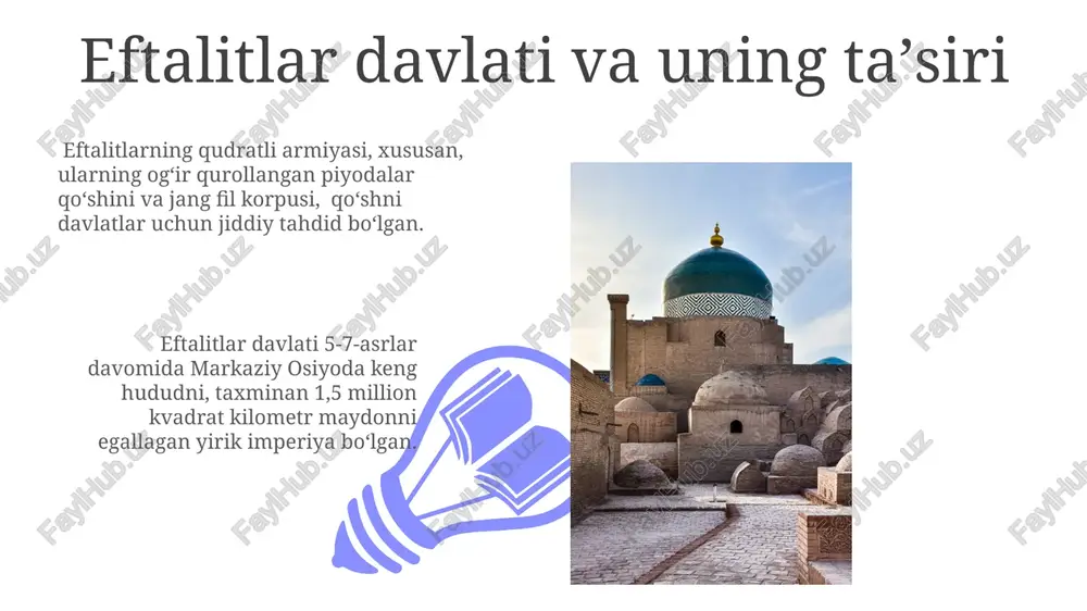 oʻz ichiga oladi, bu esa madaniy almashinuvning kengligini koʻrsatadi. chach davlati va uning qoʻshnilari bilan munosabatlari chach davlati bilan turkiy qabilalar, xususan, tyurk qaganligi o'rtasidagi munosabatlar notinch bo'lib, tez-tez harbiy yurishlar va hududiy nizolar bilan belgilangan, bu 6-asrda kuchaygan. chachning ko'nduz va toxariston bilan savdo-sotiq aloqalari ipak yo'li orqali amalga oshirilib, bu davlatning iqtisodiy rivojlanishiga salmoqli hissa qo'shgan, hamda 7-asrda 50 dan ortiq yirik shaharlarga ega bo'lgan. e'tiboringiz uchun rahmat @taqdimot_robot image4.jpg image5.jpg image6.jpg image7.jpg image8.jpg image9.jpg image10.jpg image11.jpg image12.jpg image13.jpg image14.jpg image1.jpeg image2.jpeg image3.jpeg