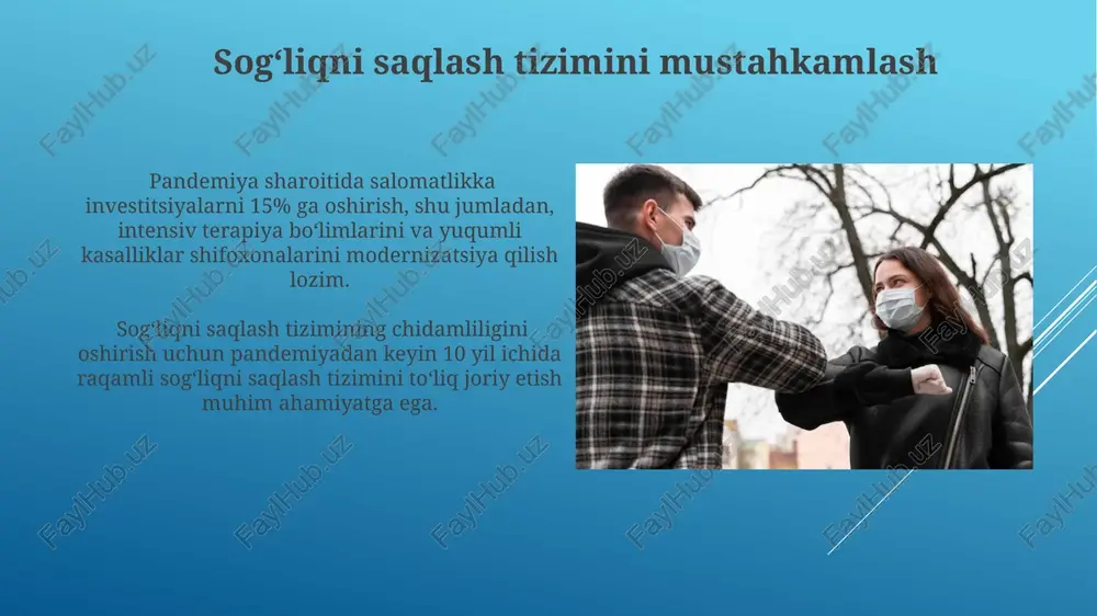 higa qarshi kurash sdmning 8 va 13-bandlariga muvofiq, davlatlar uchun muhim ustuvor vazifa bo'lib qolmoqda. covid-19 pandemiyasi tufayli 2020-yilda jahon sog'liqni saqlash tizimini mustahkamlashga qaratilgan barqaror rivojlanish maqsadlari (sdm)ning 3-bandini amalga oshirish sezilarli darajada qiyinchiliklarga duch keldi. global qiymat zanjirlarining uzilishi pandemiya tufayli avtomobilsozlik va elektronika kabi sohalarda mikrochiplar yetkazib berishdagi uzilishlar ro'y berdi, bu esa ishlab chiqarishni 15-20% ga qisqartirdi. global qiymat zanjirlarining uzilishi, covid-19 pandemiyasi davrida 40% ga yaqin xalqaro savdo hajmining kamayishiga olib keldi, bu esa jahon iqtisodiyotiga salbiy ta'sir ko'rsatdi. post-pandemiya davri qiyinchiliklari mental salomatlik muammolari, jumladan, tashvish va depressiya holatlari, pandemiyadan keyingi davrda 25% ga o'sdi, bu esa sog'liqni saqlash tizimlariga qo'shimcha bosim o'tkazdi va tibbiy xizmatlarga kirishni cheklab qo'ydi. pandemiyadan keyingi davrda, 2022 yilda 10 milliondan ortiq odam ishsiz qoldi, bu esa ijtimoiy tarmoqlar va psixologik yordam xizmatlariga talabning keskin oshishiga olib keldi. xalqaro hamkorlik va yordam covid-19 pandemiyasi davrida jahon sogʻliqni saqlash tashkiloti …